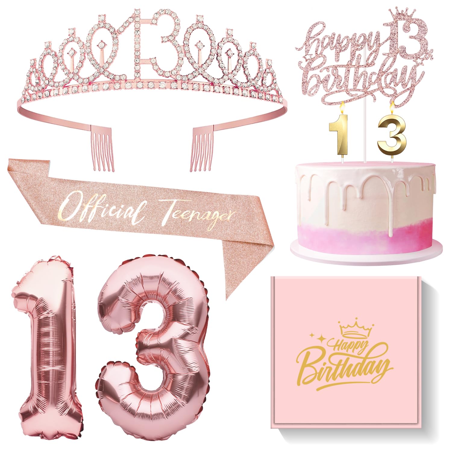 13th Birthday Party Decorations for Girls - Rose Gold Cake Topper, Balloons, Queen Sash, Crown & Candle Set | Perfect for Sweet 16, Quinceañera & Teen Birthday Celebrations