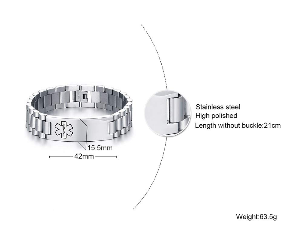 Stainless Steel Medical Alert ID Bracelet for Men & Women - Adjustable Metal Band with Emergency Medical Information - Perfect for Allergies, Diabetes & Heart Conditions