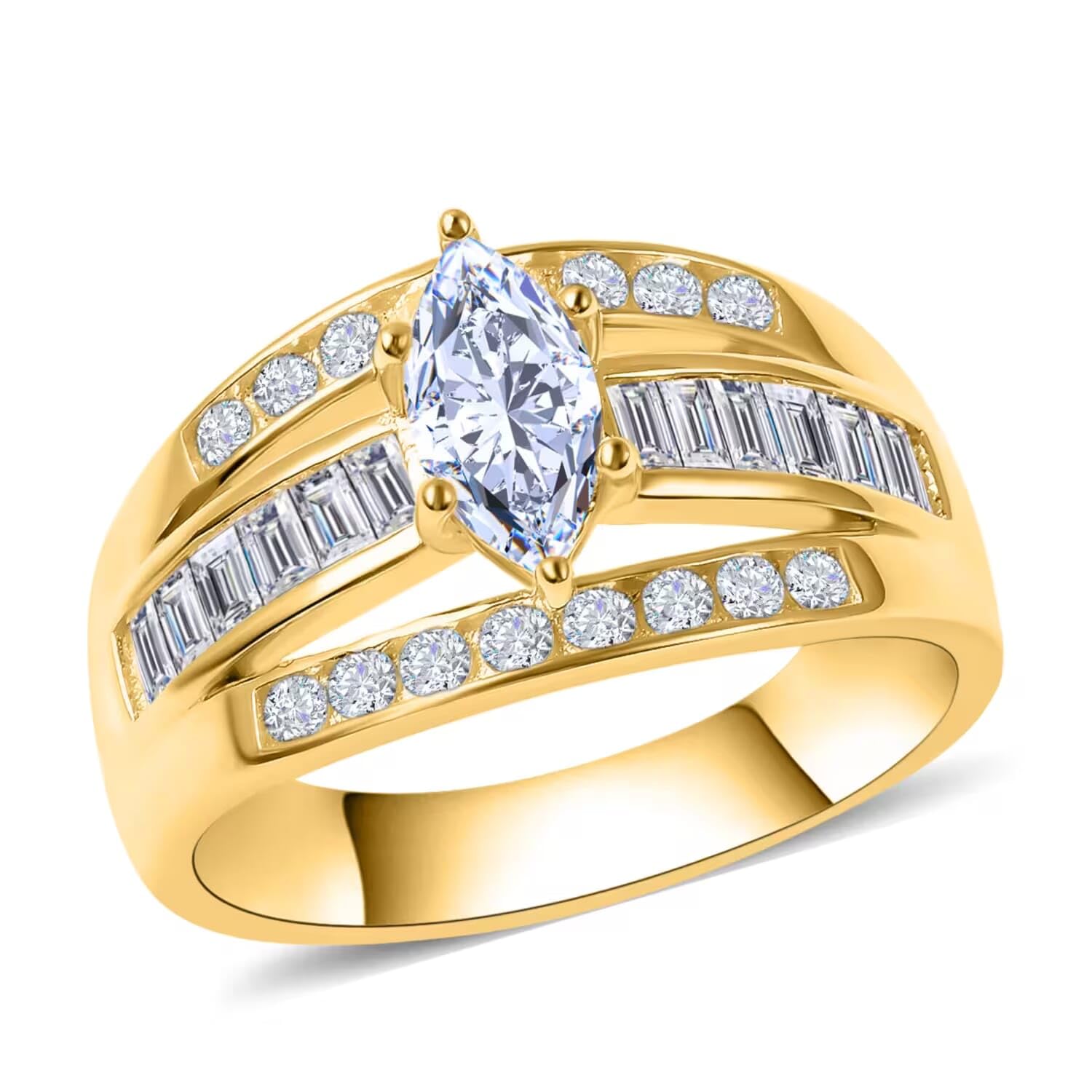 925 Sterling Silver Cubic Zirconia 3-Row Promise Ring for Women - 14K Yellow Gold Plated, Elegant Band Jewelry | Perfect Birthday Gift, Anniversary Present & Romantic Keepsake | Ideal for Weddings, Engagements & Special Occasions