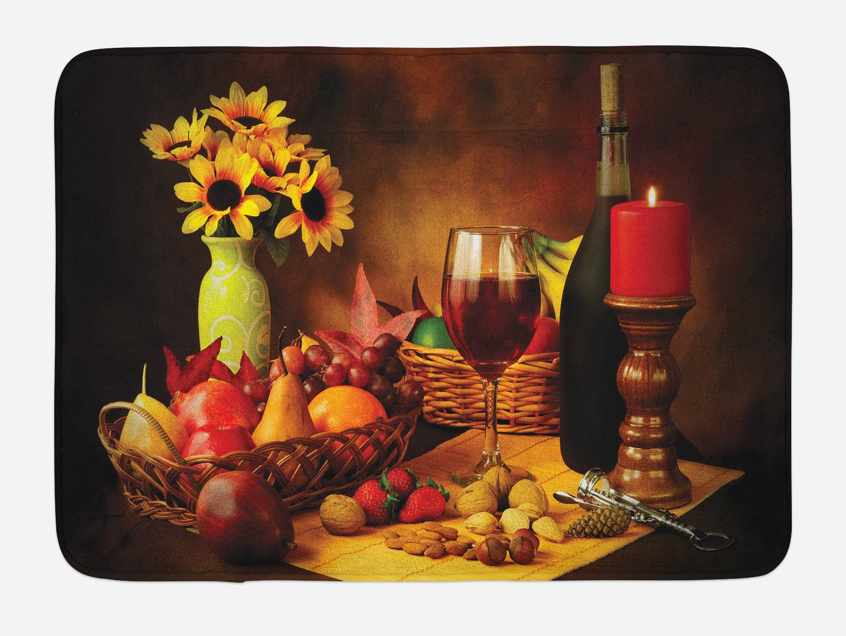 Luxury Plush Winery Bath Mat with Non-Slip Backing - Romantic Still Life Design of Red Wine, Flowers, Fruits & Nuts - 30.2 x 20 Inches - Orange Red - Perfect for Bathroom Decor, Wine Cellar Entryway, or Gift for Wine Lovers