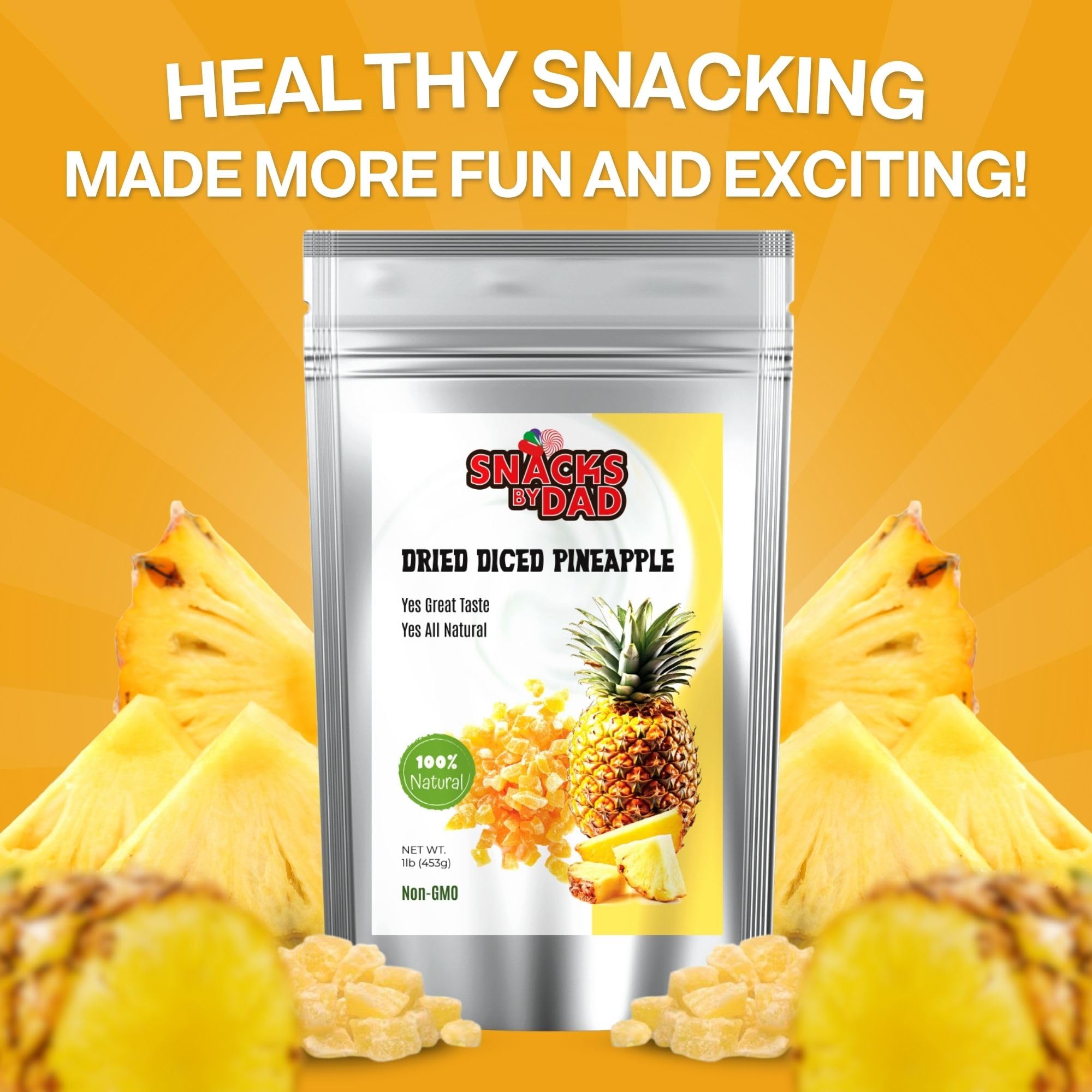 Organic Dried Pineapple Chunks – No Sugar Added, Gluten Free, Vegan Snack | 1 lb Resealable Bag | Healthy Dried Fruit for Kids & Adults | Perfect for Lunch Boxes, Hiking, Travel & Office Snacking