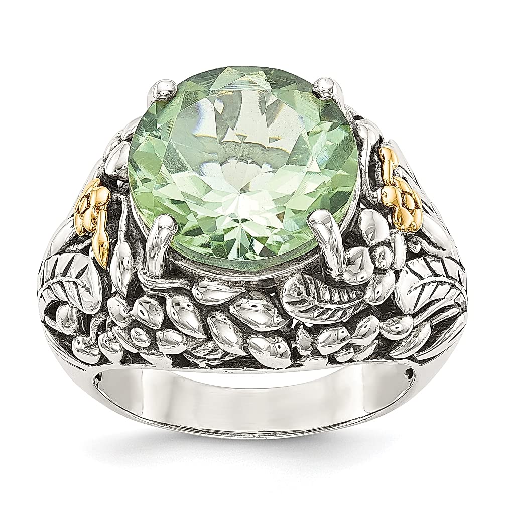925 Sterling Silver 14k Gold Plated Vintage Round Green Quartz Ring - Natural Gemstone Fine Jewelry for Women - Perfect Gift for Her - Ideal for Weddings, Parties & Everyday Wear