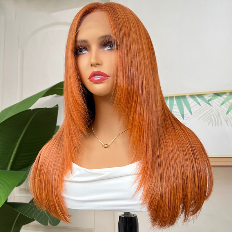 Eullair Green Skunk Stripe Layered Cut Straight Human Hair Wig with Golden Ginger Highlights - Pre Cut Lace Front for Natural Look | Perfect for Cosplay, Halloween, Daily Fashion & Special Occasions