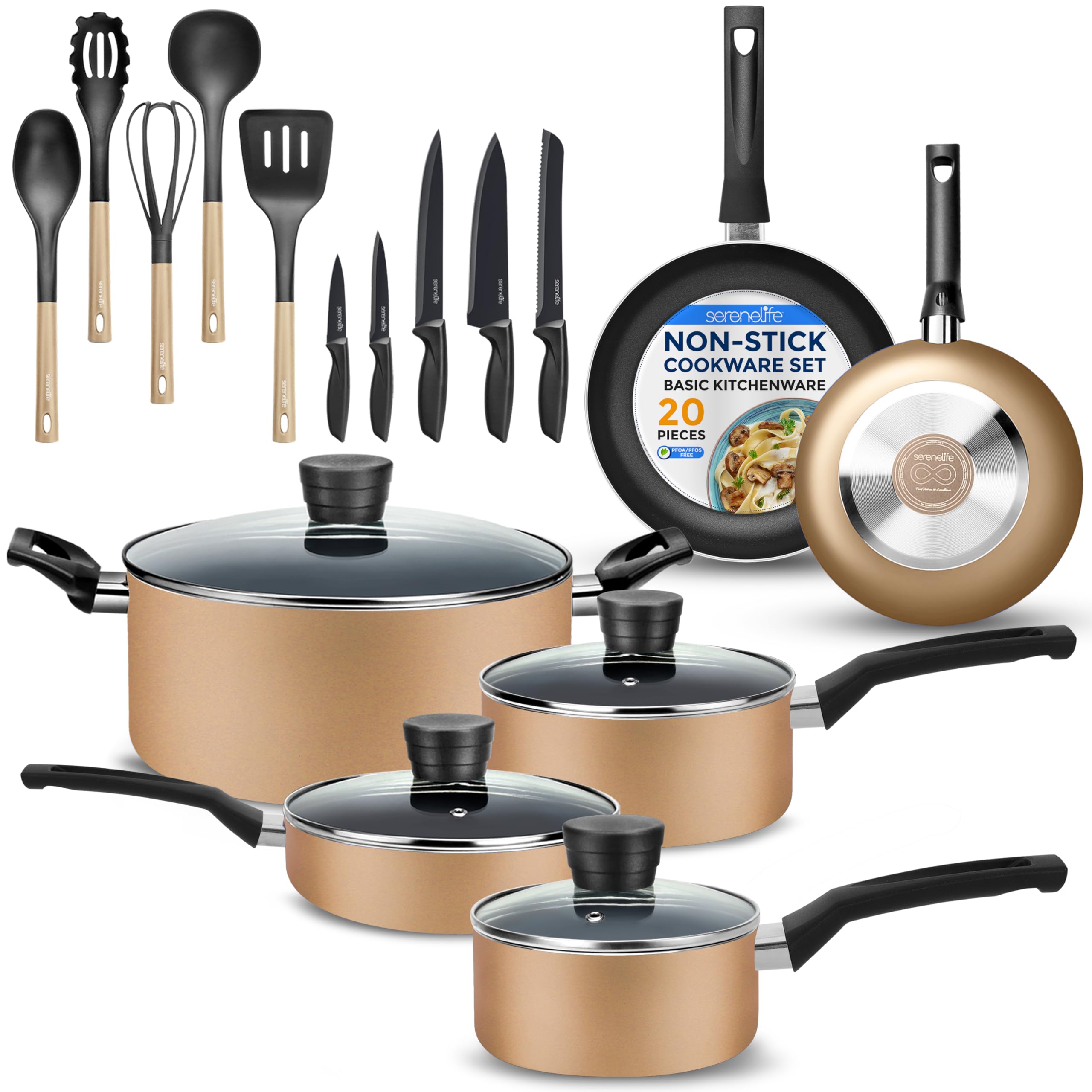 SereneLife 20-Piece Kitchen Cookware Set - Nonstick Pots & Pans with Tempered Glass Lids, Cooking Utensils & Knife Set in Gold for Home & Restaurant Use | Perfect for Frying, Boiling & Meal Prep