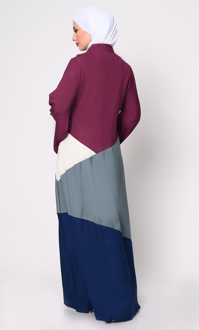 Stylish Color Block Abaya with Pockets - Modern Islamic Dress for Women - Perfect for Prayer, Work & Special Occasions