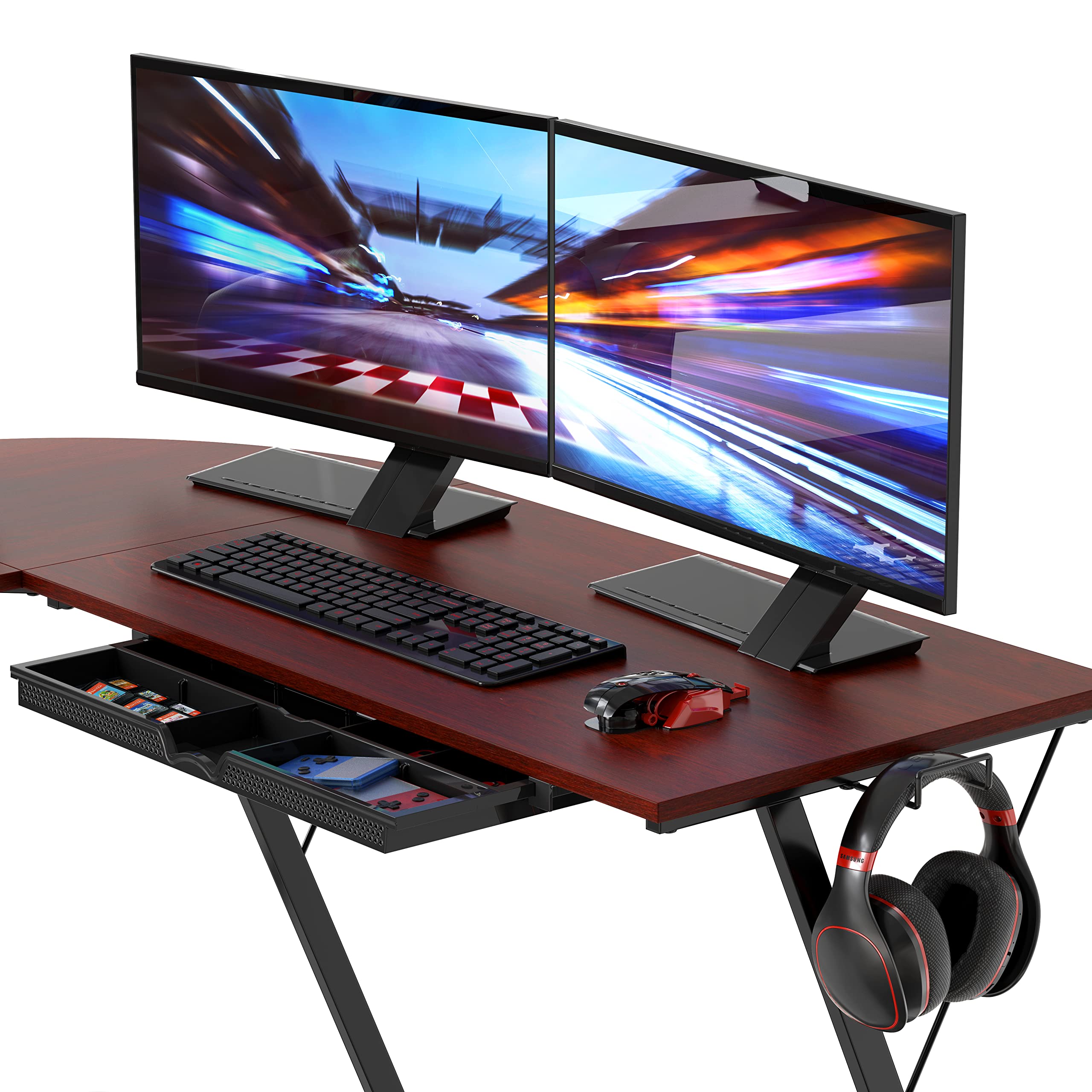 SHW Vista L-Shape Desk with Monitor Stand - Cherry Wood Computer Desk for Home Office, Gaming & Workstation - Ergonomic Corner Desk with Built-in Shelf for PC, Laptop & Dual Monitors