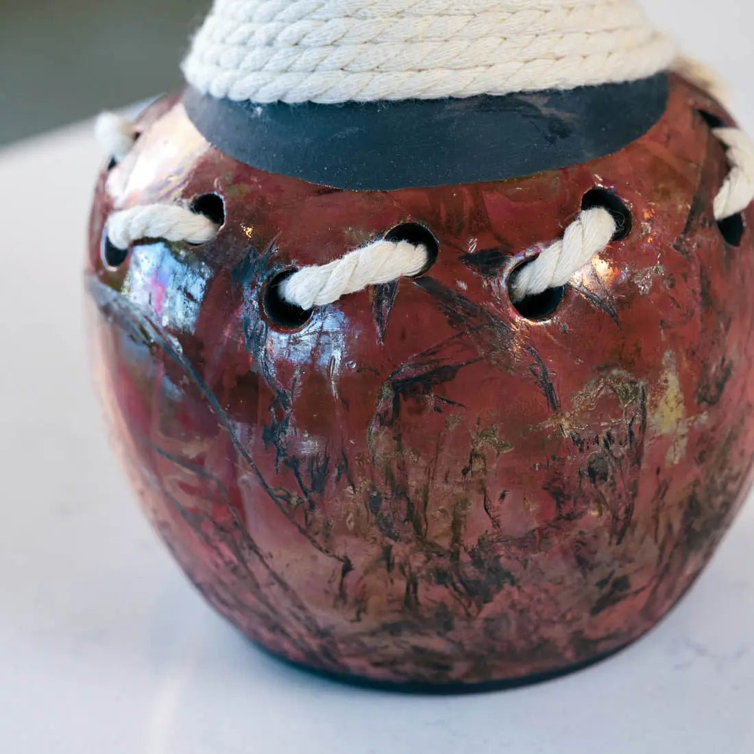 XL Raku Bent Decorative Rope Coil Pot - Handcrafted Ceramic Vase in Copper & Charcoal Glaze | Creative Collection for Home Decor, Wedding Centerpiece & Boho Interior Design