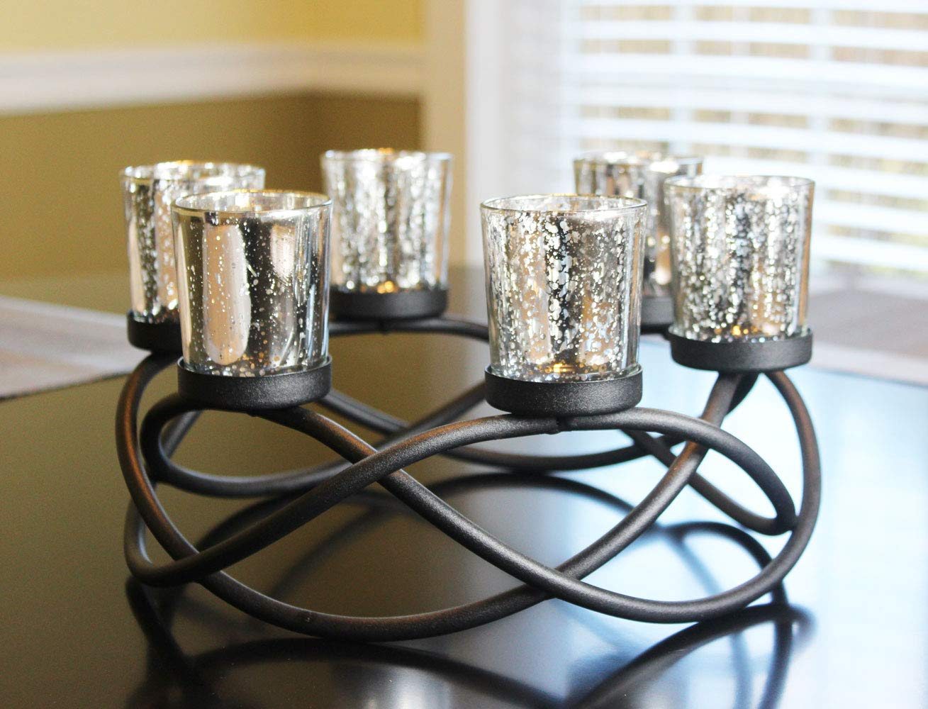Seraphic Iron Round Table Decor - Christmas Centerpiece & Candle Holder for Weddings, Outdoor Patio, Dining Room, Coffee Tables - Glass Votive Tealight Holders (Black with 6 Silver Cups) - Perfect for Holiday Decorations, Romantic Dinners & Home Interior Design