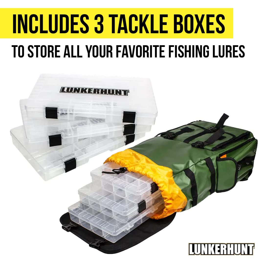 **Lunkerhunt Fishing Backpack with Rod Holders – Waterproof 30L Tactical Gear Bag for Anglers | Includes 3 Tackle Boxes | Lightweight & Spacious for Freshwater & Saltwater Fishing**