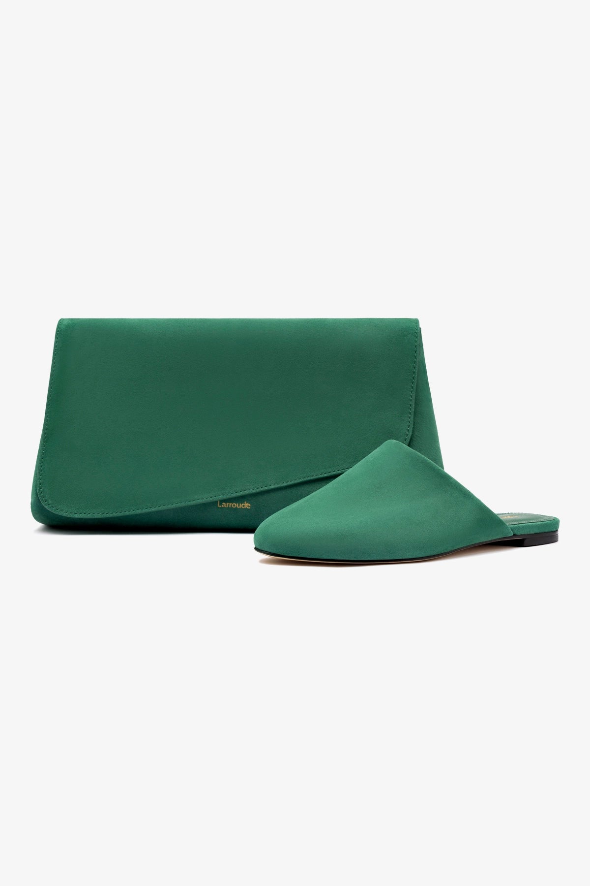 Venice Flat Mule Slides & Pouch Set - Women's Emerald Green Suede House Slippers | Comfortable Indoor/Outdoor Slides for Home, Spa, and Beach Wear
