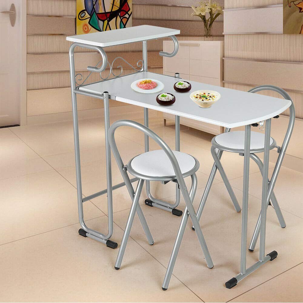 White Folding Dining Set - 3 Piece MDF Metal Table & 2 Chairs for Kitchen, Dining Room, Small Space - 35.24