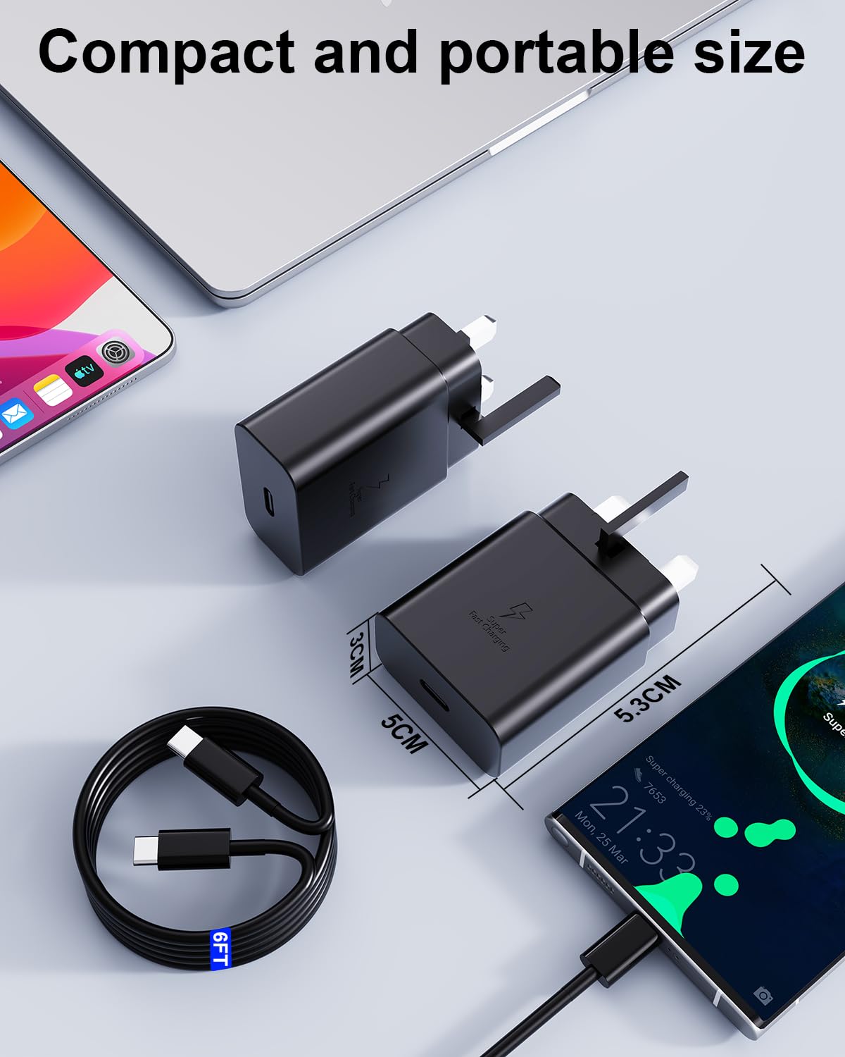 45W Super Fast USB-C Charger 2 Pack with 5A Type-C Cable - Compatible with Samsung Galaxy S25/S24/S23/S22/S21 Series, A56/A55/A36/A16, Z Fold 6/Flip 6 & Tab S10/S9 - Fast Charging for Phones & Tablets at Home, Office or Travel