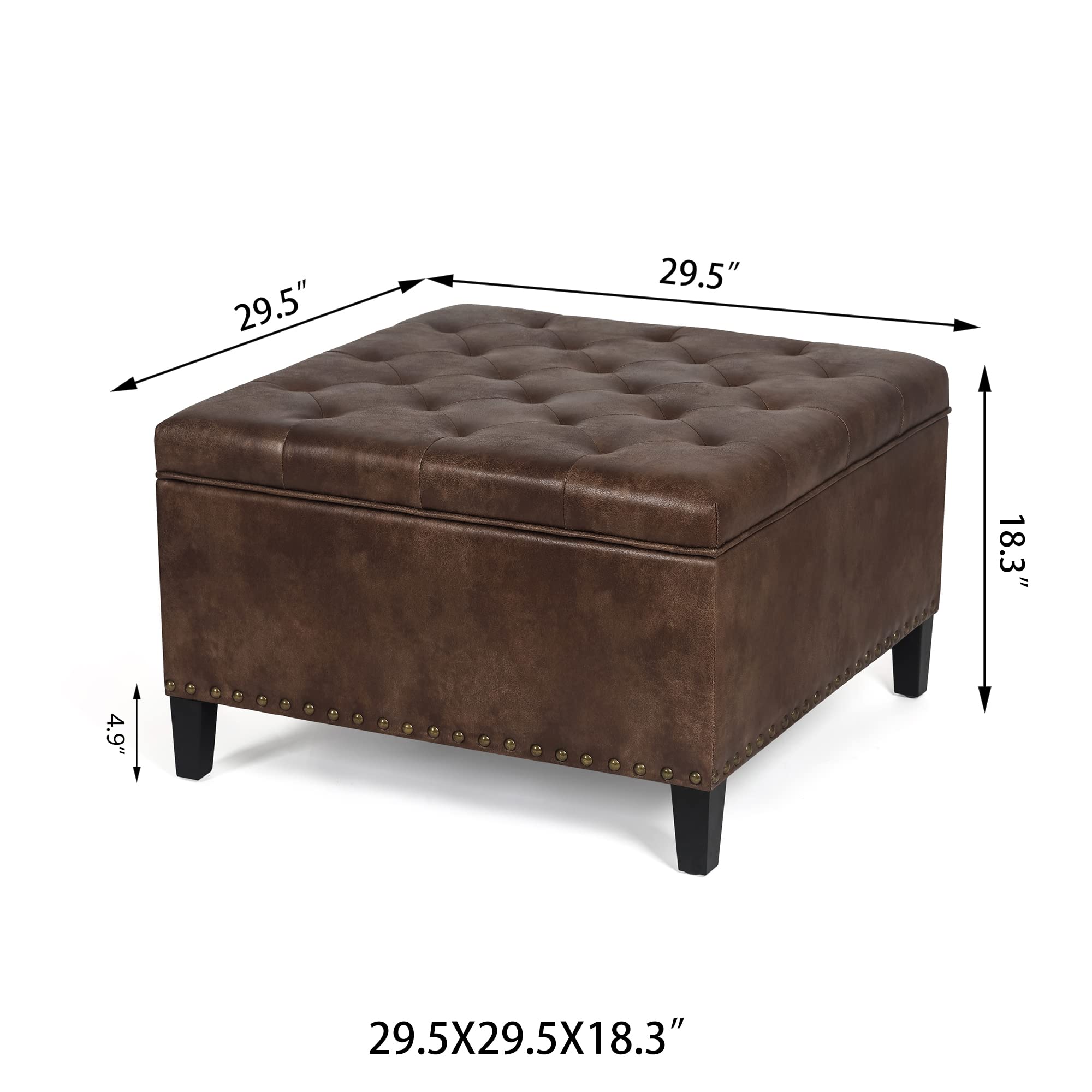 Adeco Large Square Storage Ottoman Bench - PU Leather Tufted Upholstered Coffee Table Footstool with Wood Legs for Living Room, Bedroom | Multi-Functional Seat & Storage Solution for Home Decor, Coffee Table Alternative, Footrest & Extra Seating