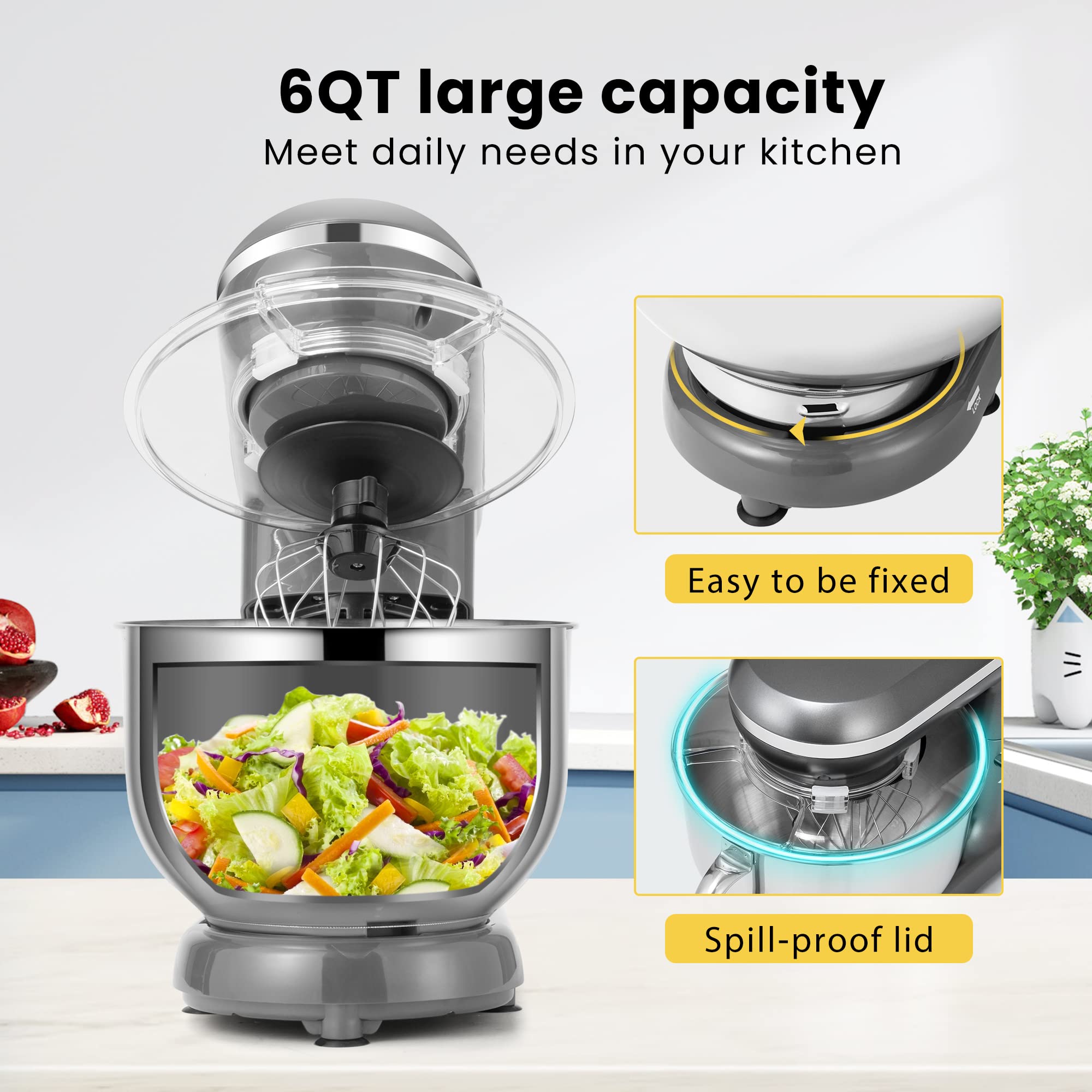 VIVOHOME 660W 10-Speed 6 Quart Tilt-Head Stand Mixer - Electric Kitchen Food Mixer with Beater, Dough Hook, Wire Whip & Egg Separator (Gray) - Perfect for Baking Cakes, Cookies, Bread & Whipping Cream