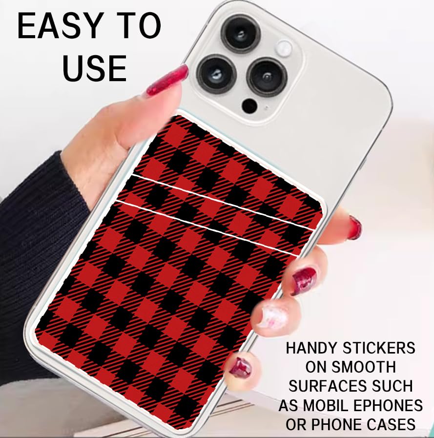 Stick-On Leather Phone Wallet - Cute Dual Pocket Credit Card Holder for Back of Phone Case | Compatible with Most Smartphones (Black & Red Checkerboard) | Perfect for Hands-Free Shopping, Travel & Daily Essentials