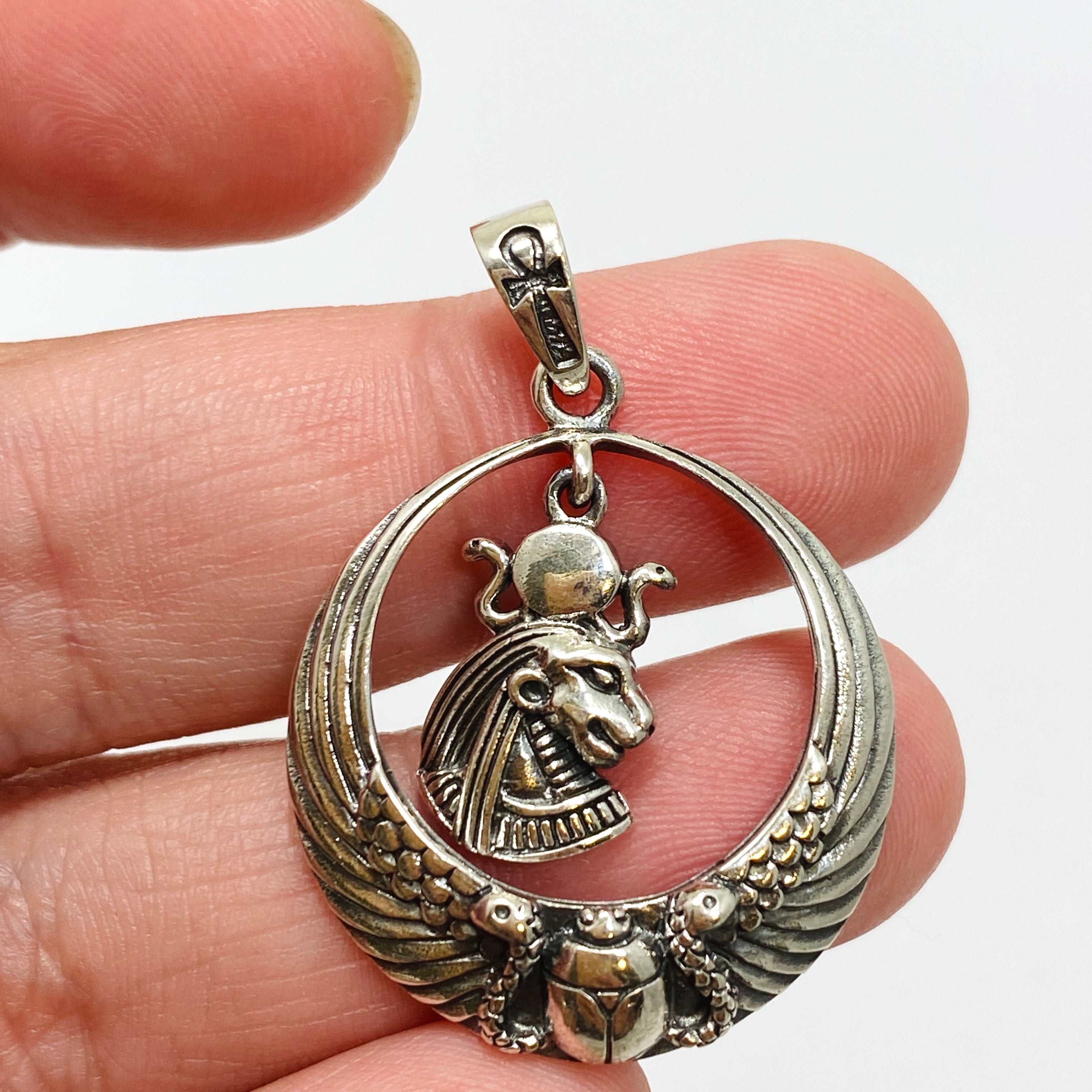 Sekhmet Lion Head Pendant with Scarab & Ankh - Ancient Egyptian Jewelry - Sterling Silver Necklace for Women - Perfect for Spiritual Protection & Boho Fashion