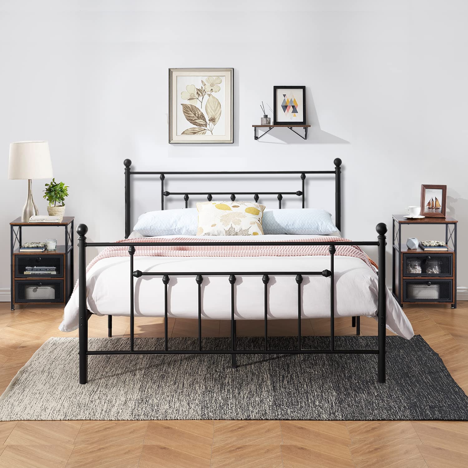 Modern Night Stands Set of 2 - Industrial Design Bedside Tables with Drawers & Storage Shelf for Bedroom or Living Room - Perfect for Small Spaces, Apartment Decor & Guest Rooms (Brown)