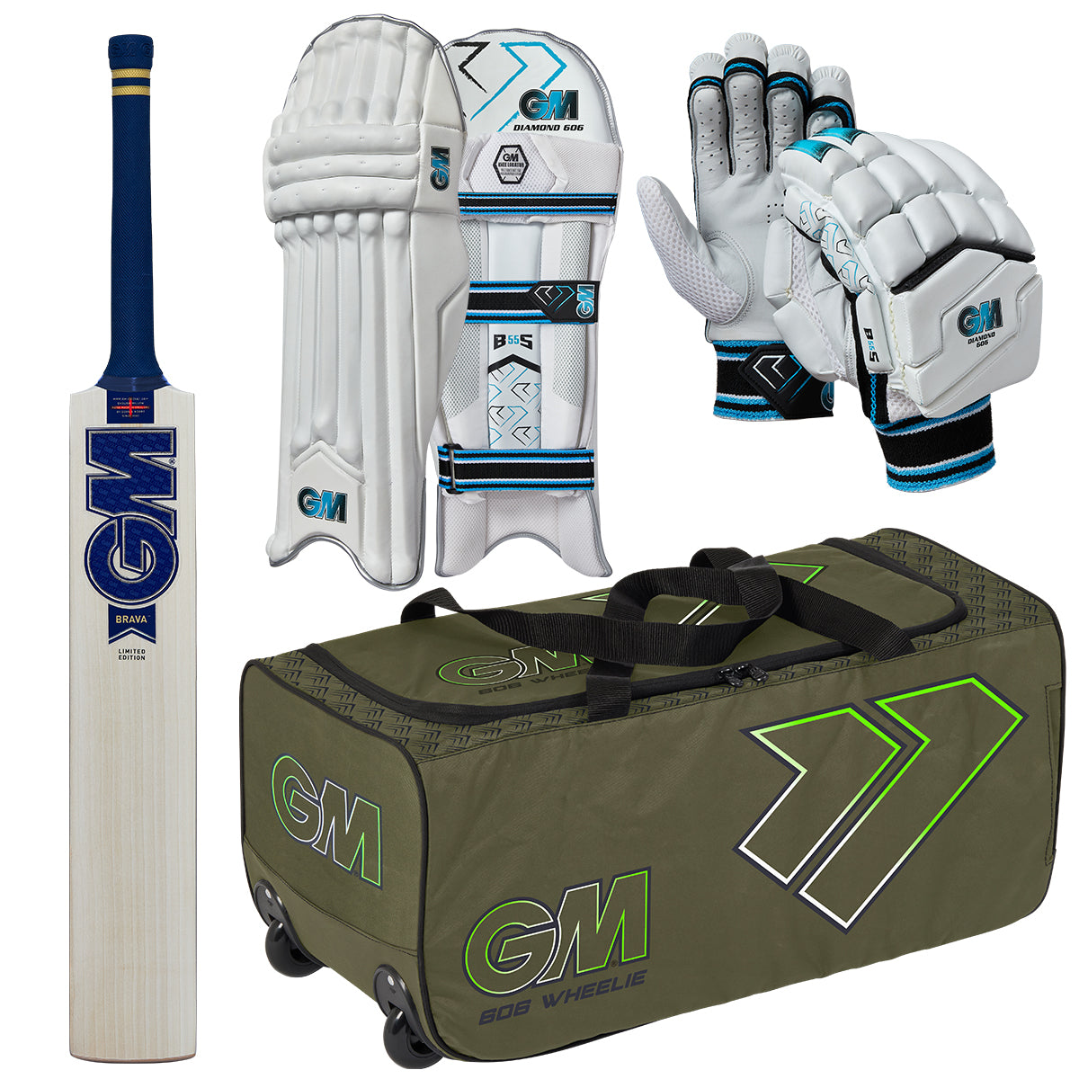 Gunn & Moore Brava 606 Cricket Bat Set with Gloves, Pads & Carry Bag - Complete Cricket Equipment Bundle for Practice & Matches