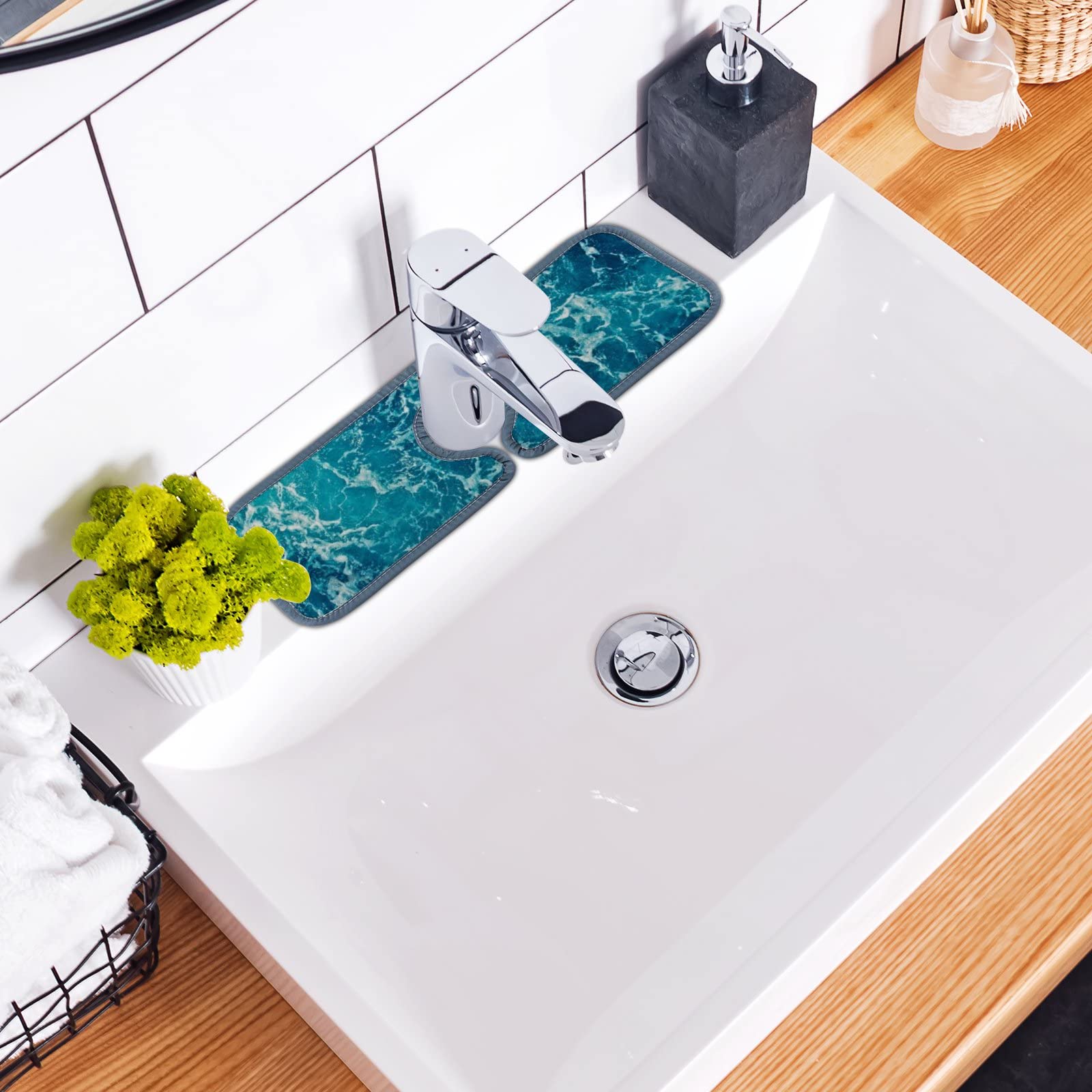 Blue Sea Water Surface Splash Guard - 3 Pack Absorbent Sink Faucet Mats for Kitchen & Bathroom Countertops | Non-Slip Tap Protector Pads | Prevents Water Stains & Splashes | Ideal for RV, Home, and Office Use