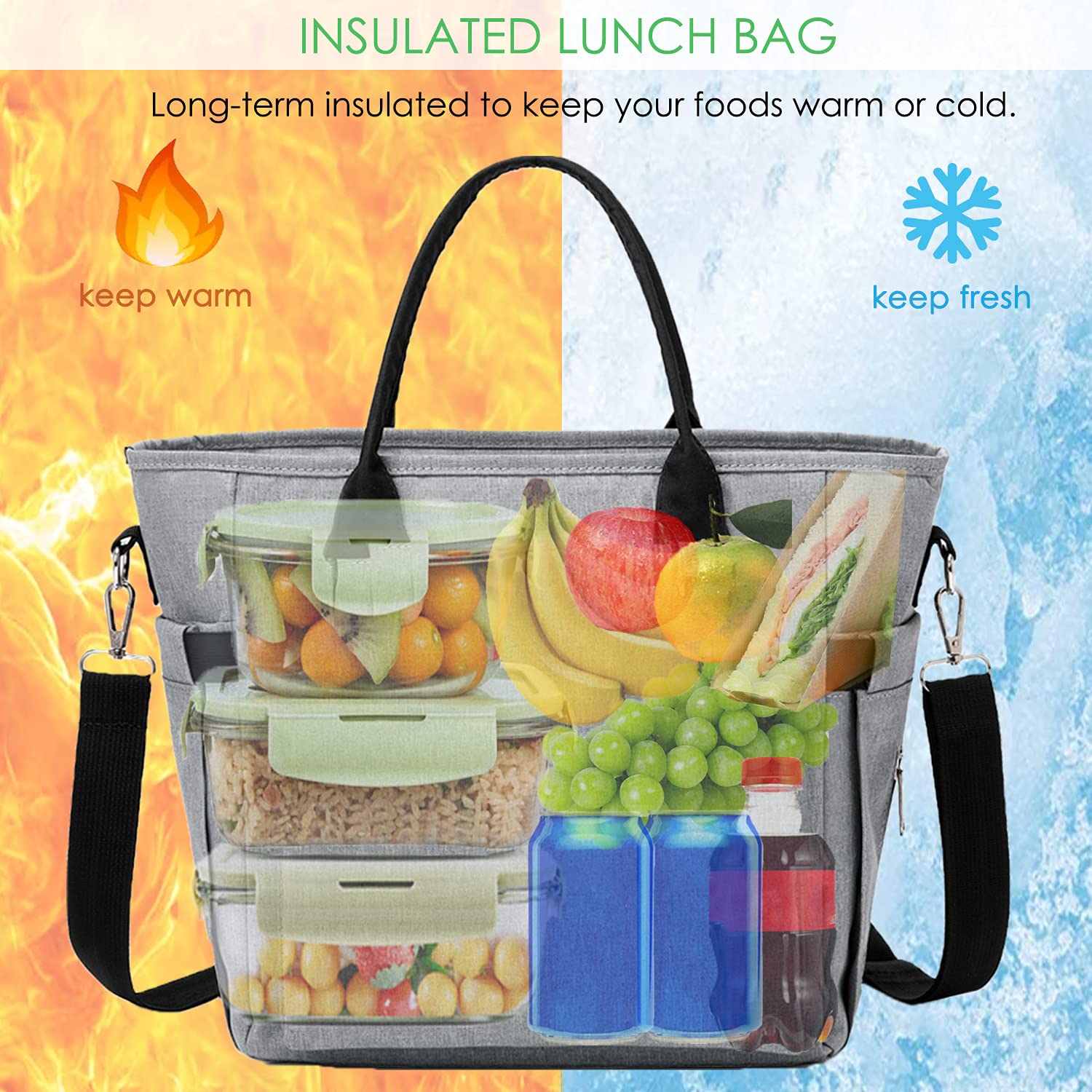 Insulated Lunch Bag for Women - Large Reusable Lunch Tote for Work, Office, Picnic & Outdoor Camping | Thermal Food Carrier with Handle | Grey Lunch Box for Adults (Perfect for Meal Prep & Daily Commute)
