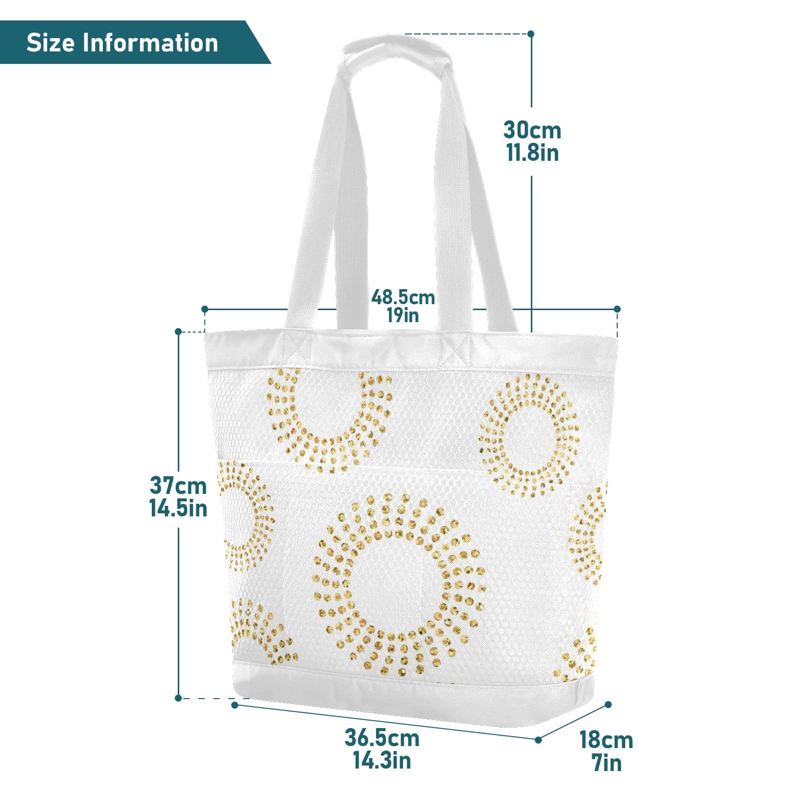 J JOYSAY Abstract Gold Circle Mesh Beach Tote Bag - Large Waterproof Women's Travel Tote for Beach, Gym & Overnight Trips | Perfect for Summer Vacation, Pool Party & Shopping