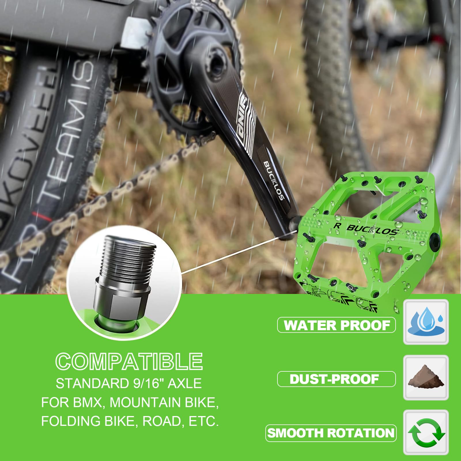 BUCKLOS MTB Pedals - Non-Slip Large Platform Mountain Bike Pedals for Adults, 9/16