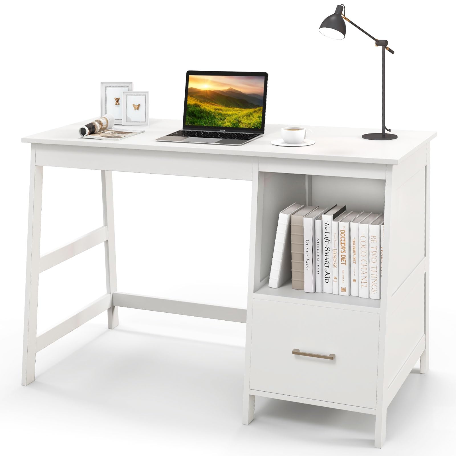 Tangkula White Modern Study Desk with Drawers - Small Computer Desk for Home Office, Writing Desk with Storage Space, Student Desk & Makeup Vanity Table for Bedroom - Perfect for Remote Work, Online Classes & Beauty Routines (White)