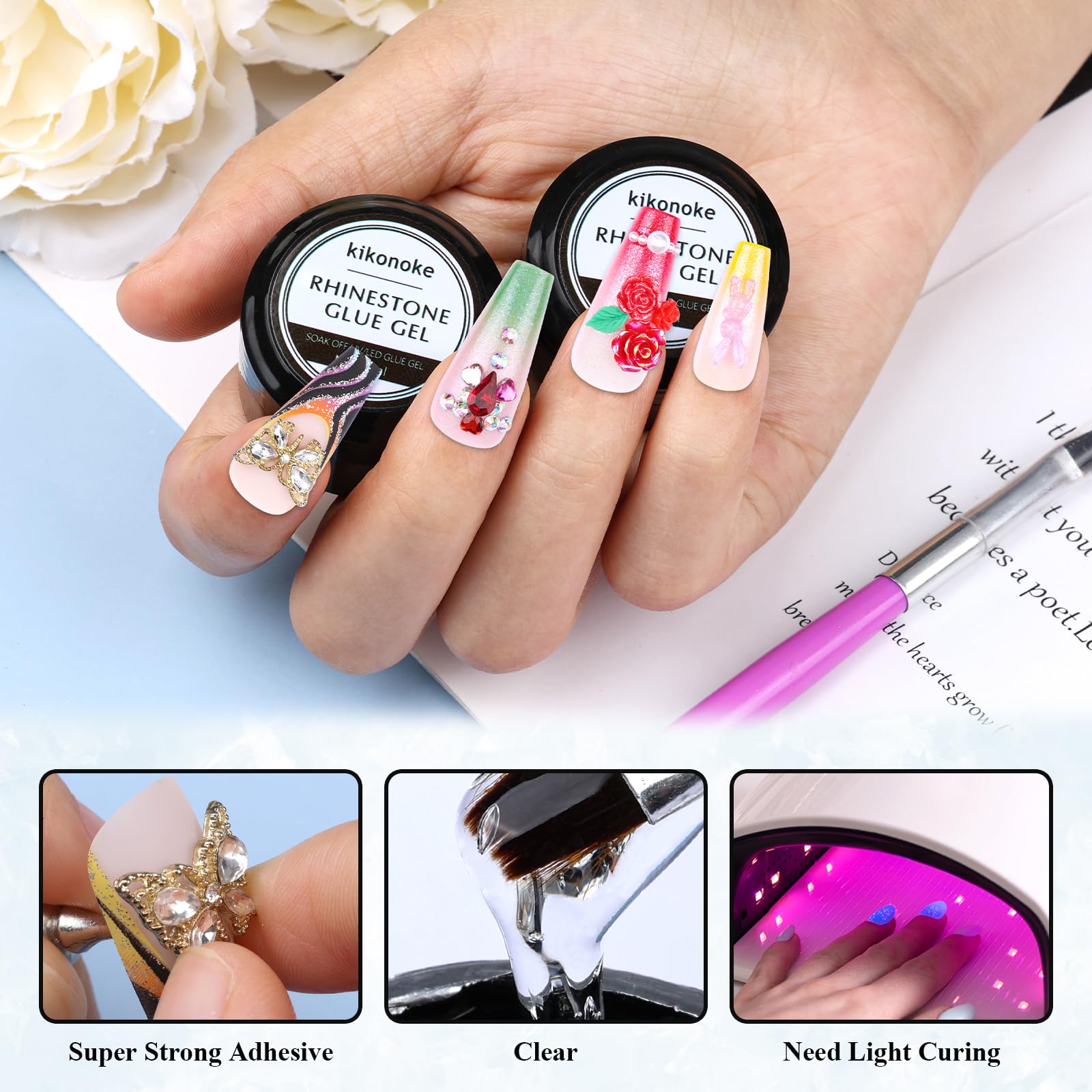 Super Strong 8ml Nail Charm Glue - Rhinestone & Jewel Adhesive with Dual-Use Brush & Dotting Tool for Nail Art Decorations (2 Pack) - Perfect for DIY Manicures, Salon Nails & Home Beauty Treatments