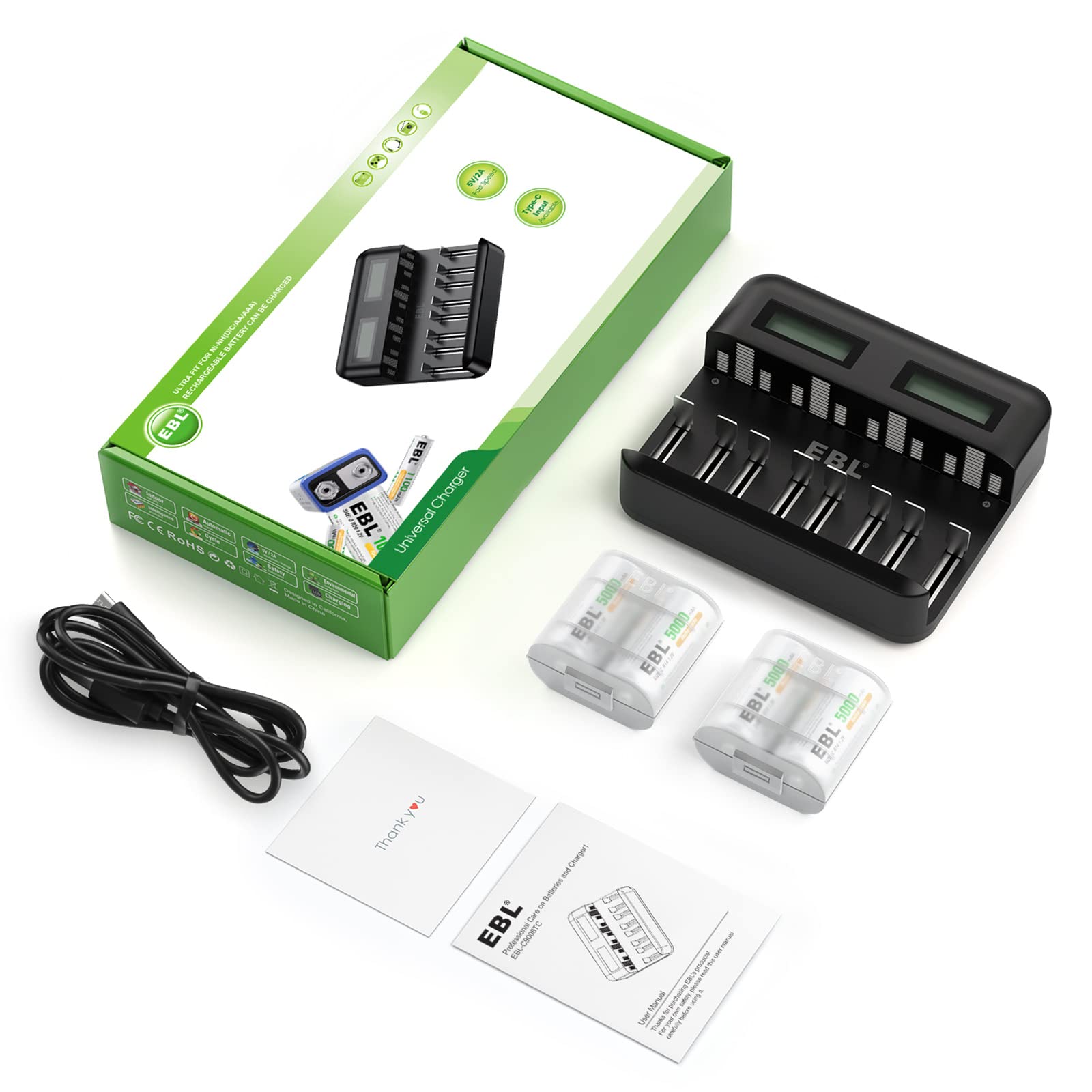 EBL Rechargeable C Batteries (4 Pack) with LCD Battery Charger - Compatible with Ni-MH AA AAA C D Batteries - Perfect for Flashlights, Toys, and Home Electronics