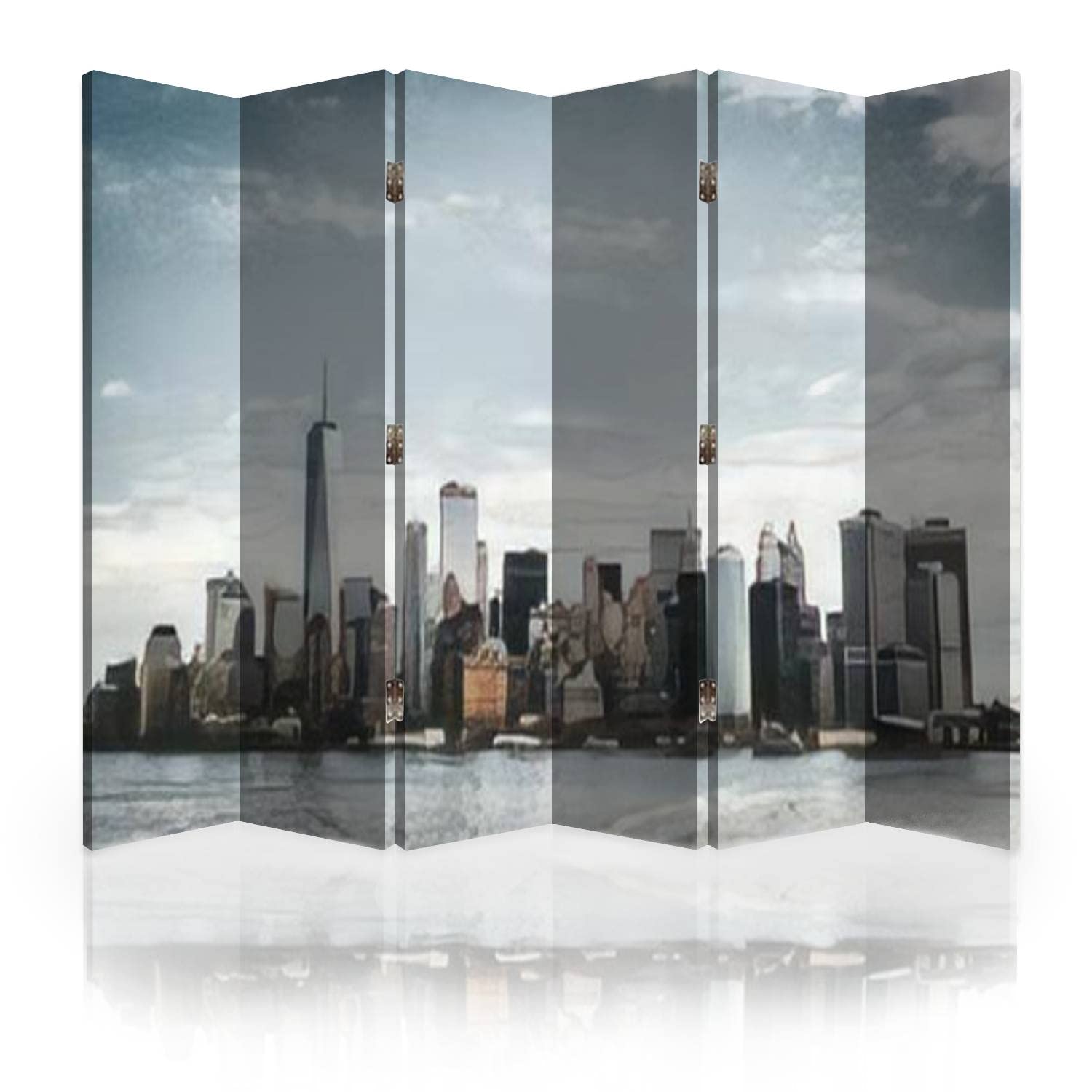 6-Panel Canvas Room Divider Screen - Skyline from Hudson River Design - Folding Privacy Partition for Bedroom, Office & Studio - Room Separator & Wall Decor