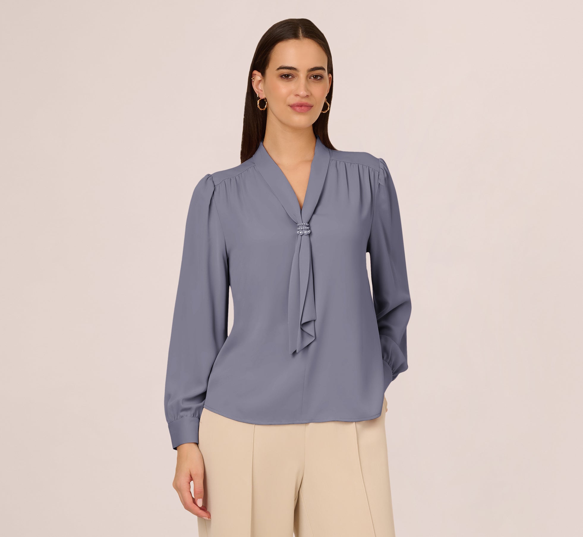 Elegant Dusty Blue Long Sleeve Embellished Tie Collar Blouse for Women | Office Wear, Party Outfits & Formal Occasions