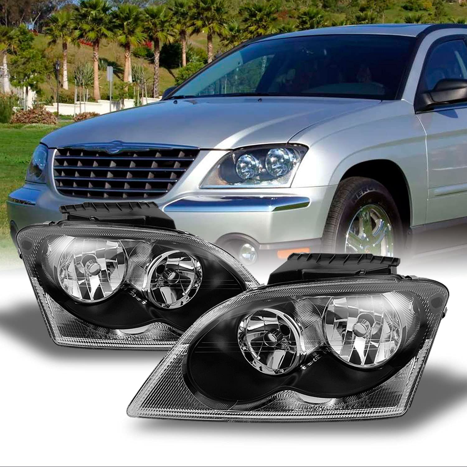 AKKON Black Bezel Headlights Replacement for Chrysler Pacifica SUV - Left & Right Pair - Durable Front Lamps for Night Driving & Off-Road Adventures