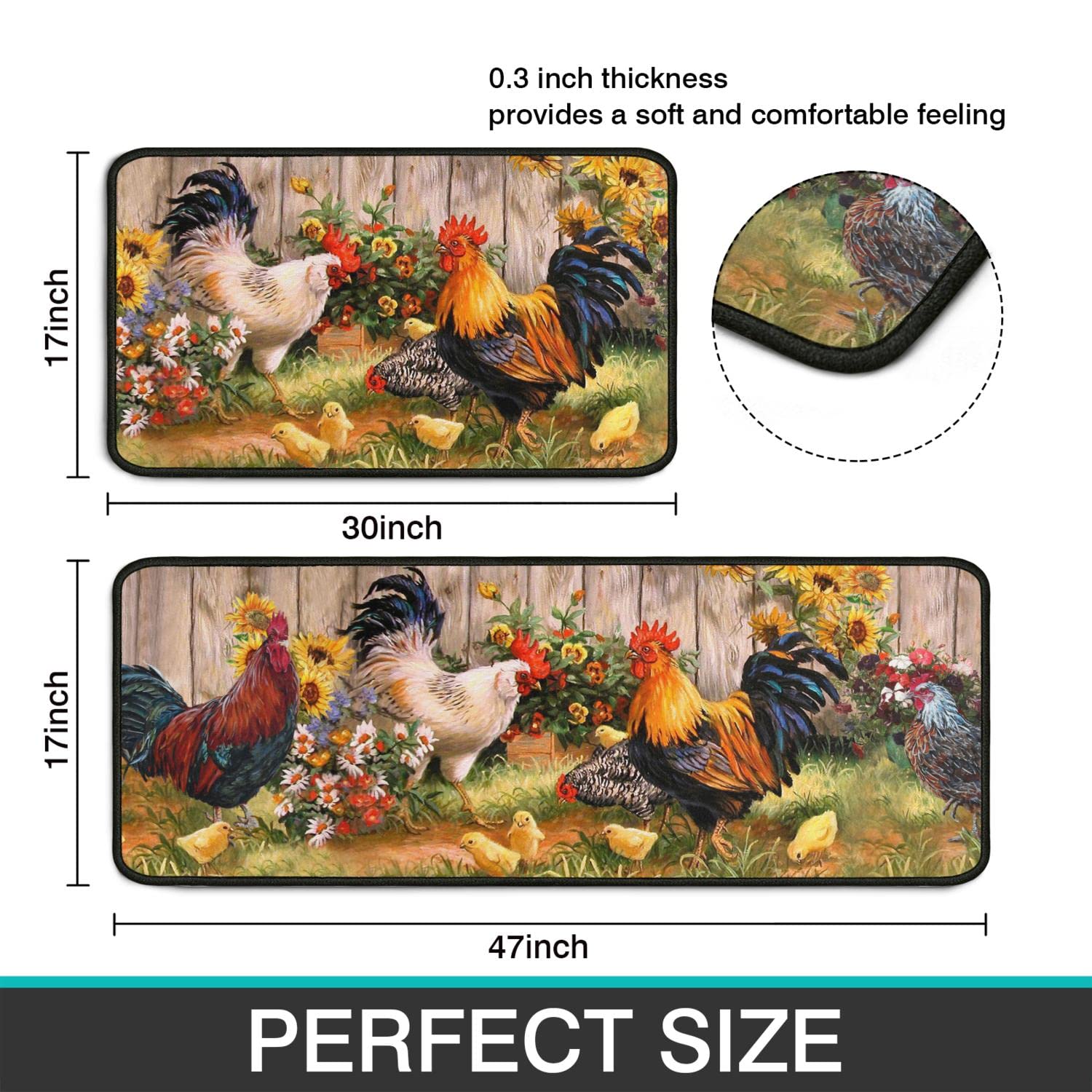Rooster Theme Kitchen Rug 2-Piece Set - Farmhouse Decor Non-Slip Washable Floor Mats with Chicken & Sunflower Design (17