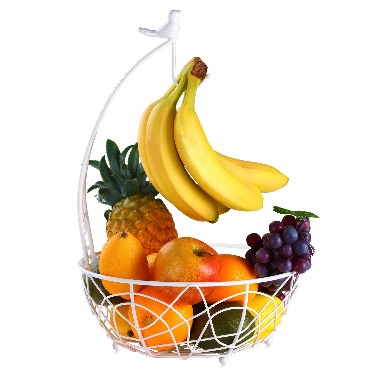 Modern White Fruit Basket Bowl with Banana Hanger - Elegant Bird Design Kitchen Countertop Organizer - Decorative Display Stand for Dining Room & Home Decor - Perfect for Fresh Fruit Storage & Tabletop Arrangement