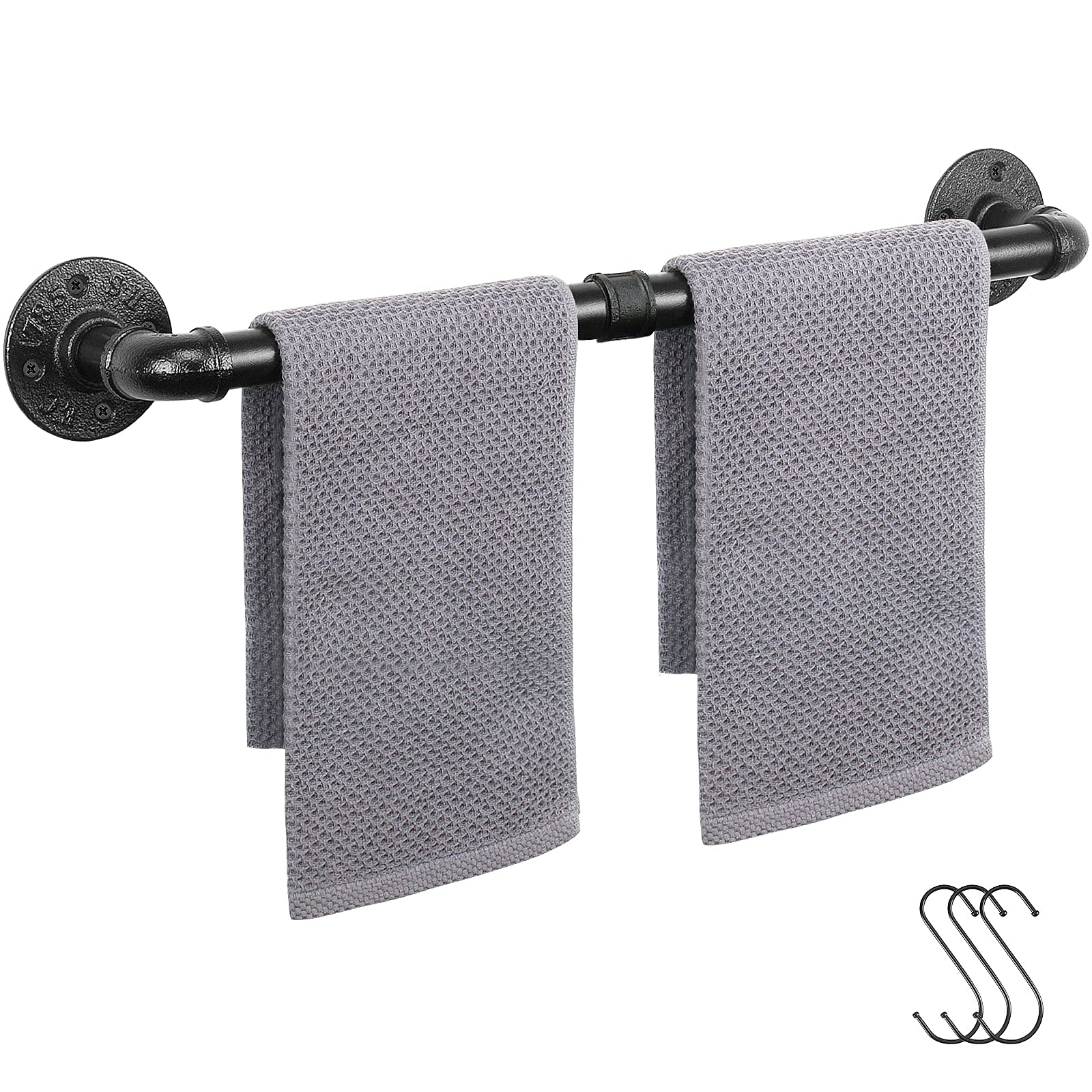 Heavy Duty Industrial Pipe Towel Rack - 24 Inch Rustic Farmhouse Wall Mounted Bath Towel Holder for Bathroom (Black) | Perfect for Vintage Style Home Decor & Spa-Like Bathroom Organization