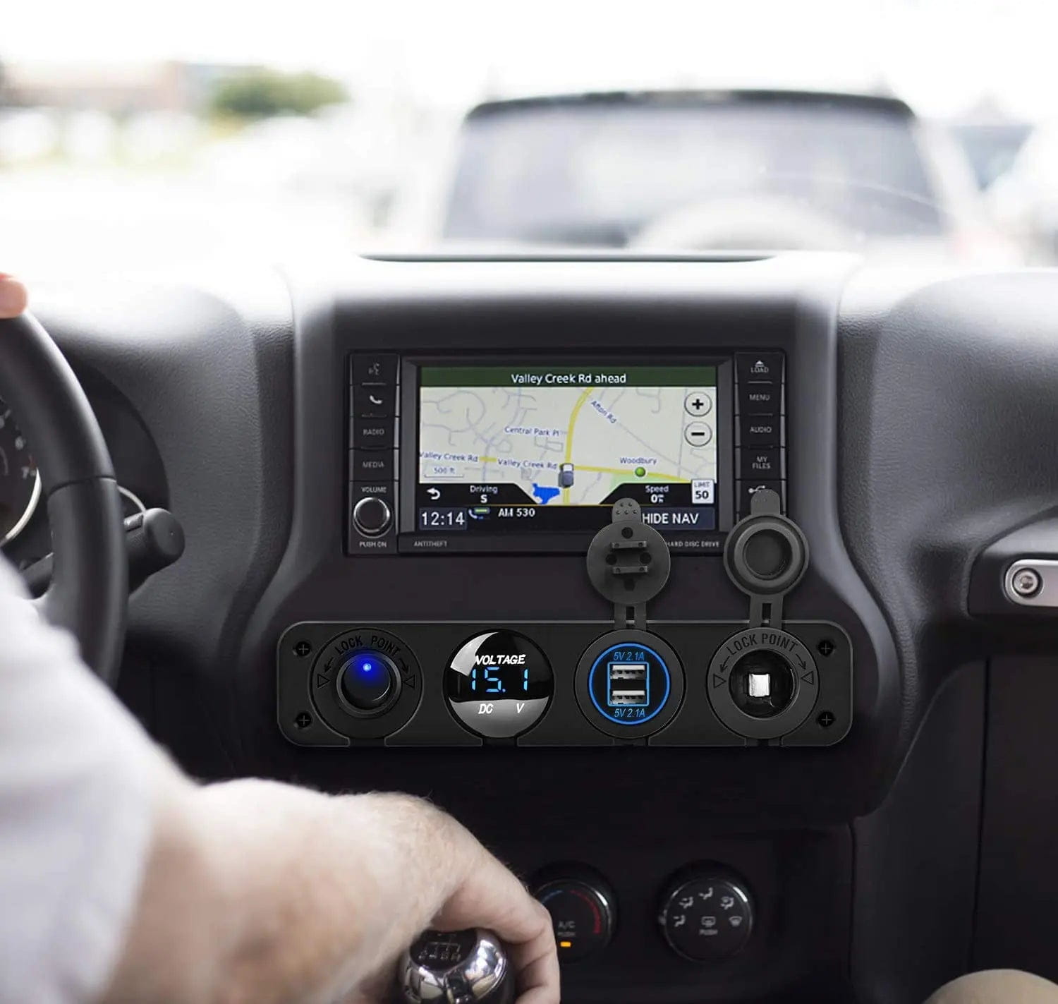4 in 1 ON/OFF Blue LED Charger Socket Panel with Dual USB Ports & Voltmeter for Cars, Trucks, Boats - Perfect for Road Trips & Marine Use