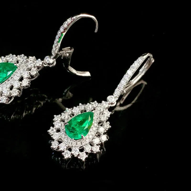 18K White Gold Emerald and Diamond Earrings for Women - Luxury Romantic Style Natural Gemstone Jewelry - Perfect for Senior Banquets, Weddings & Special Occasions