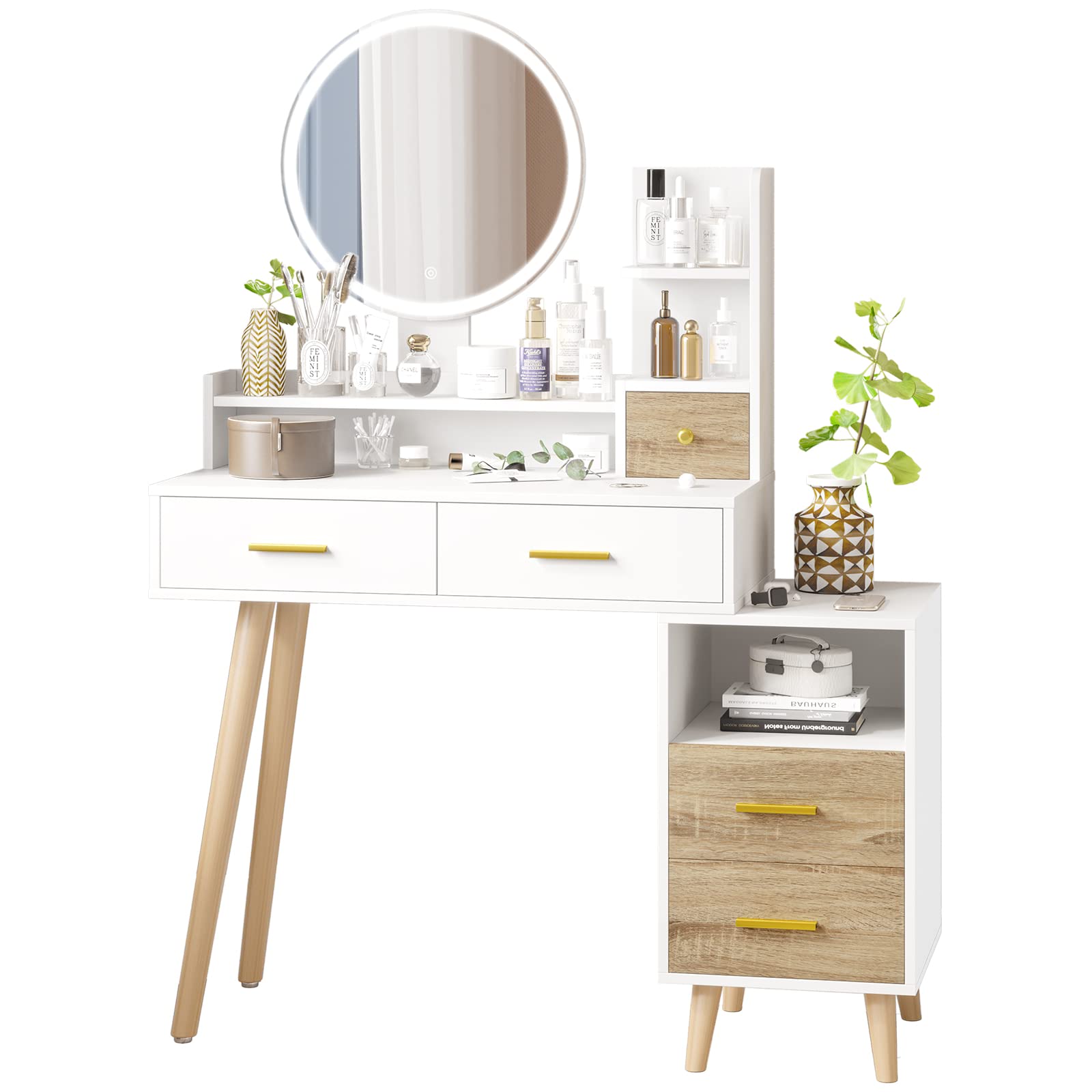 Tiptiper LED Vanity Mirror with Lights & Makeup Table Set - 3 Color Lighting Modes, Touch Screen Control, Storage Drawers & Open Shelves - Perfect for Bedroom Dressing, Makeup Application & Beauty Organization