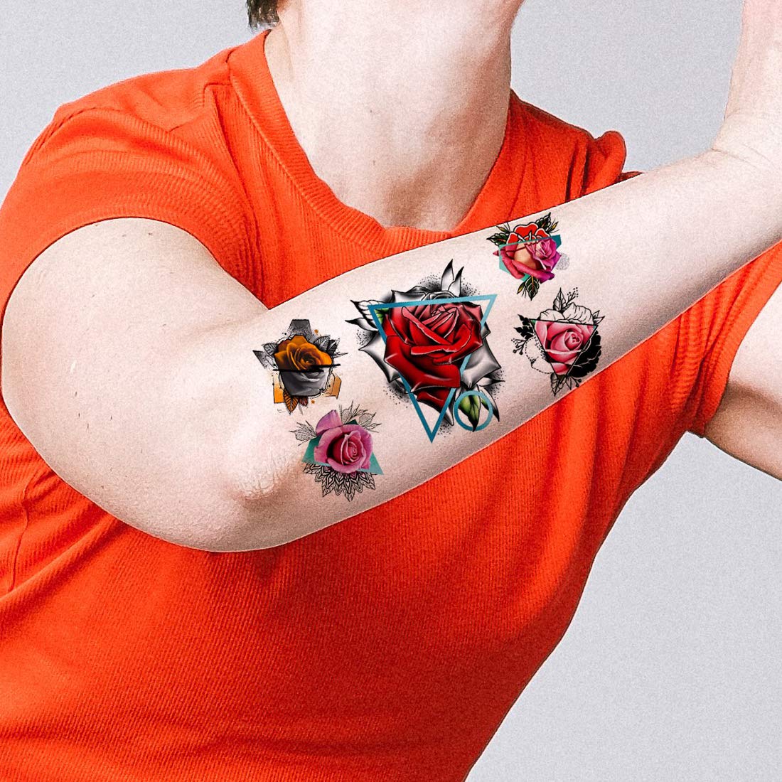 Traditional Rose Floral Multicolor Tribal Temporary Waterproof Tattoos for Men & Women - Perfect for Festivals, Parties & Body Art Enthusiasts
