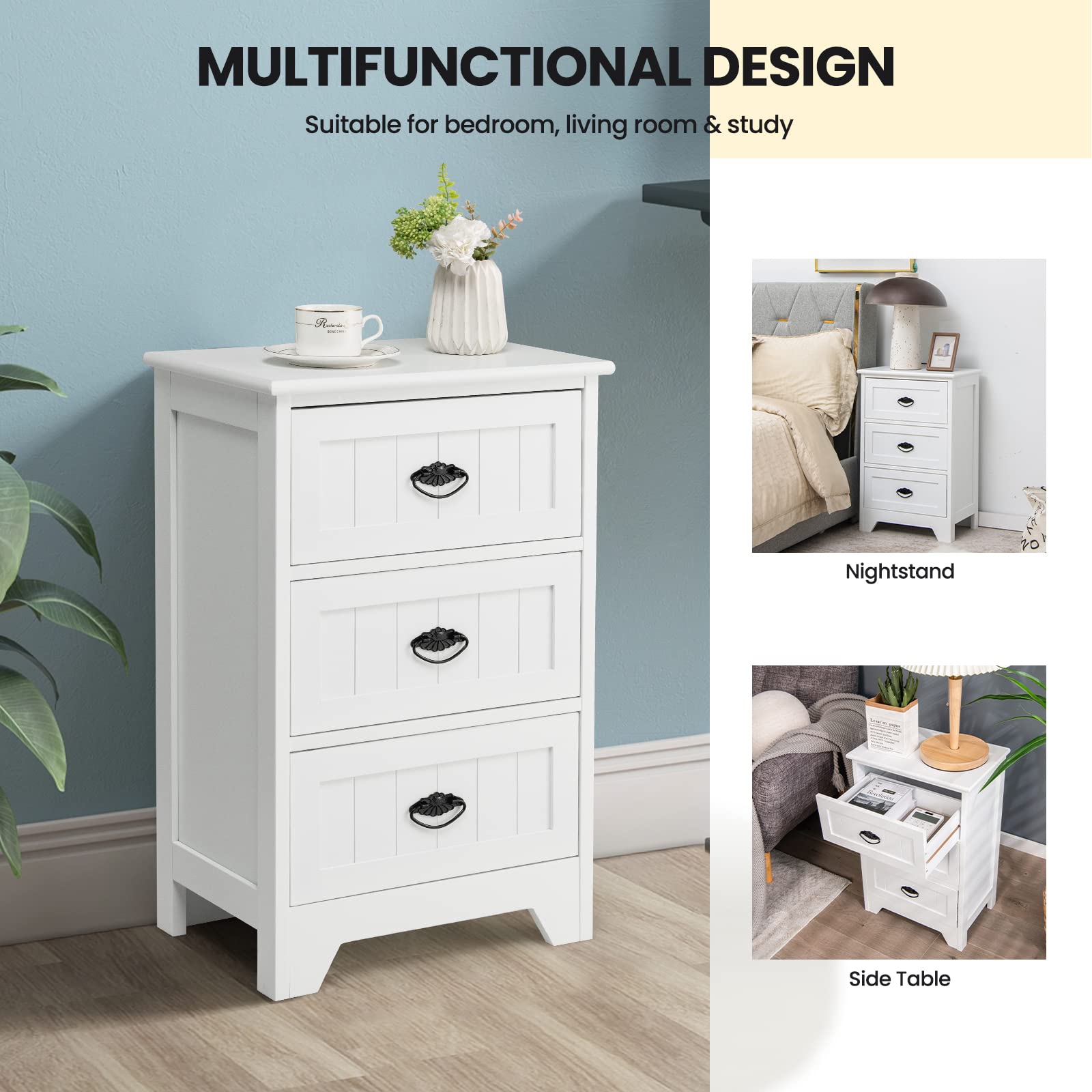 Giantex White Nightstand Set of 2 - 3 Drawer Bedside Table with Metal Handles, Anti-Tip Design for Bedroom, Living Room & Office - Perfect for Storage, Reading & Home Decor
