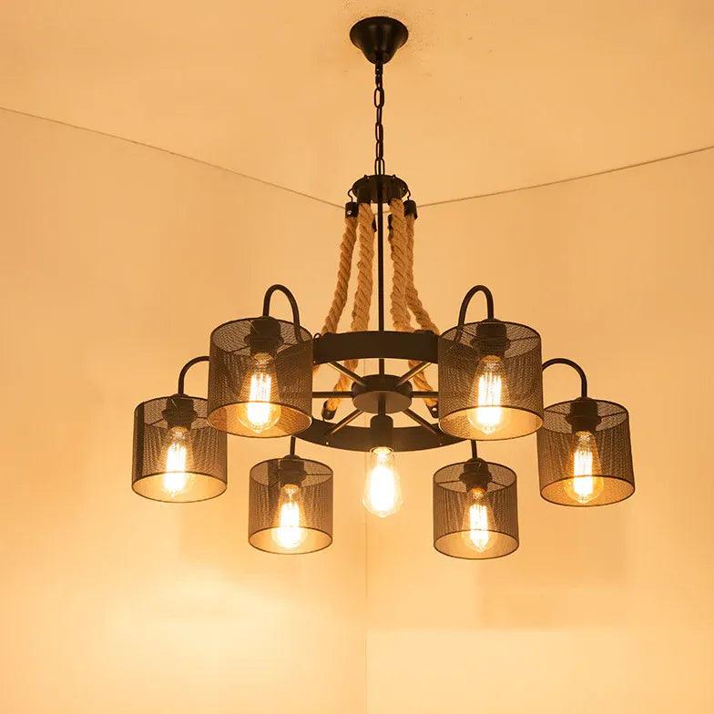 Vintage Industrial Pendant Light - Black Rope Hanging Ceiling Lamp with Disc Shade for Kitchen Island, Dining Room & Bar Lighting