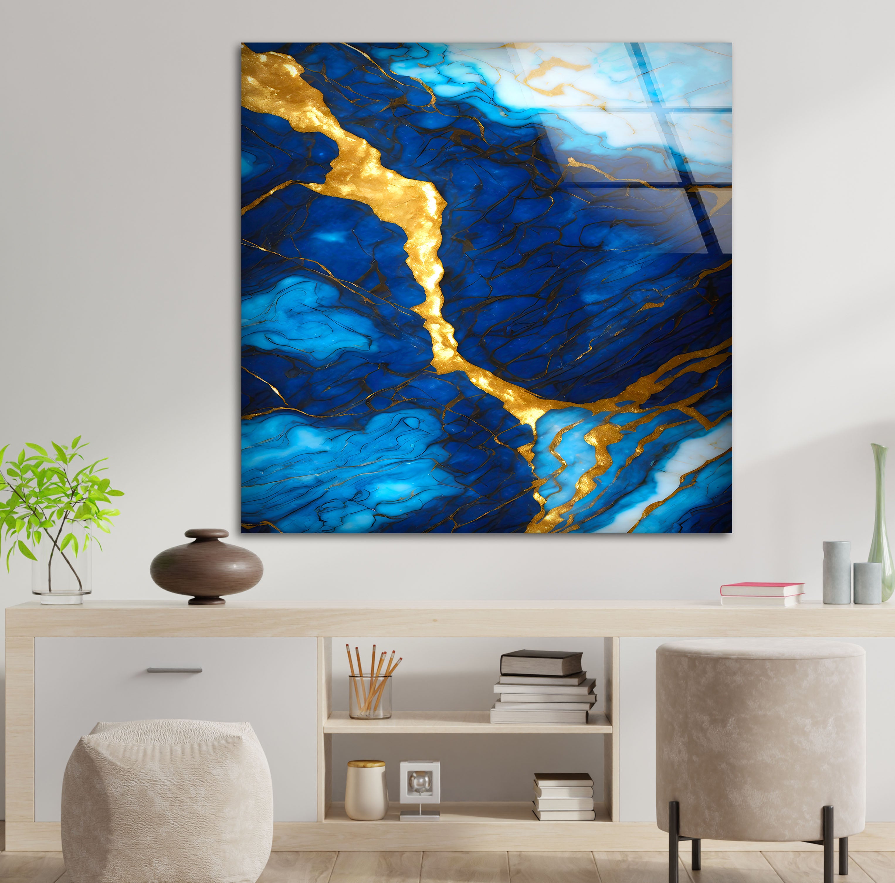 Blue and Gold Marble Wall Art - Elegant Glass Print with Rich Veins & Deep Texture | Modern Luxury Home Decor for Living Room, Bedroom & Office