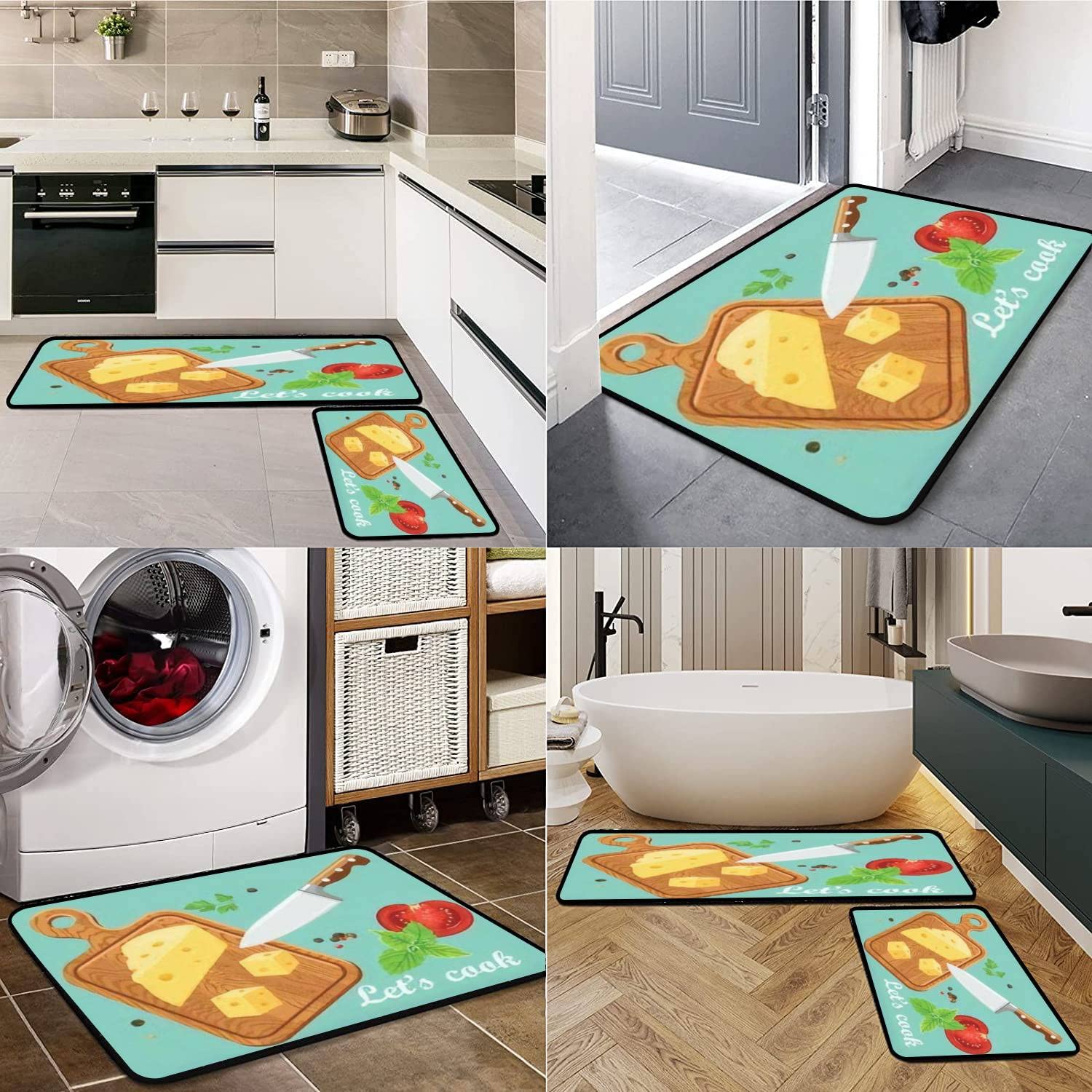 Non-Slip Washable Kitchen Rugs Set - Cheese Cutting Board & Knife Design Floor Mat, Anti-Fatigue Standing Mat for Cooking, Decor - Perfect for Kitchens, Entryways & Bathrooms