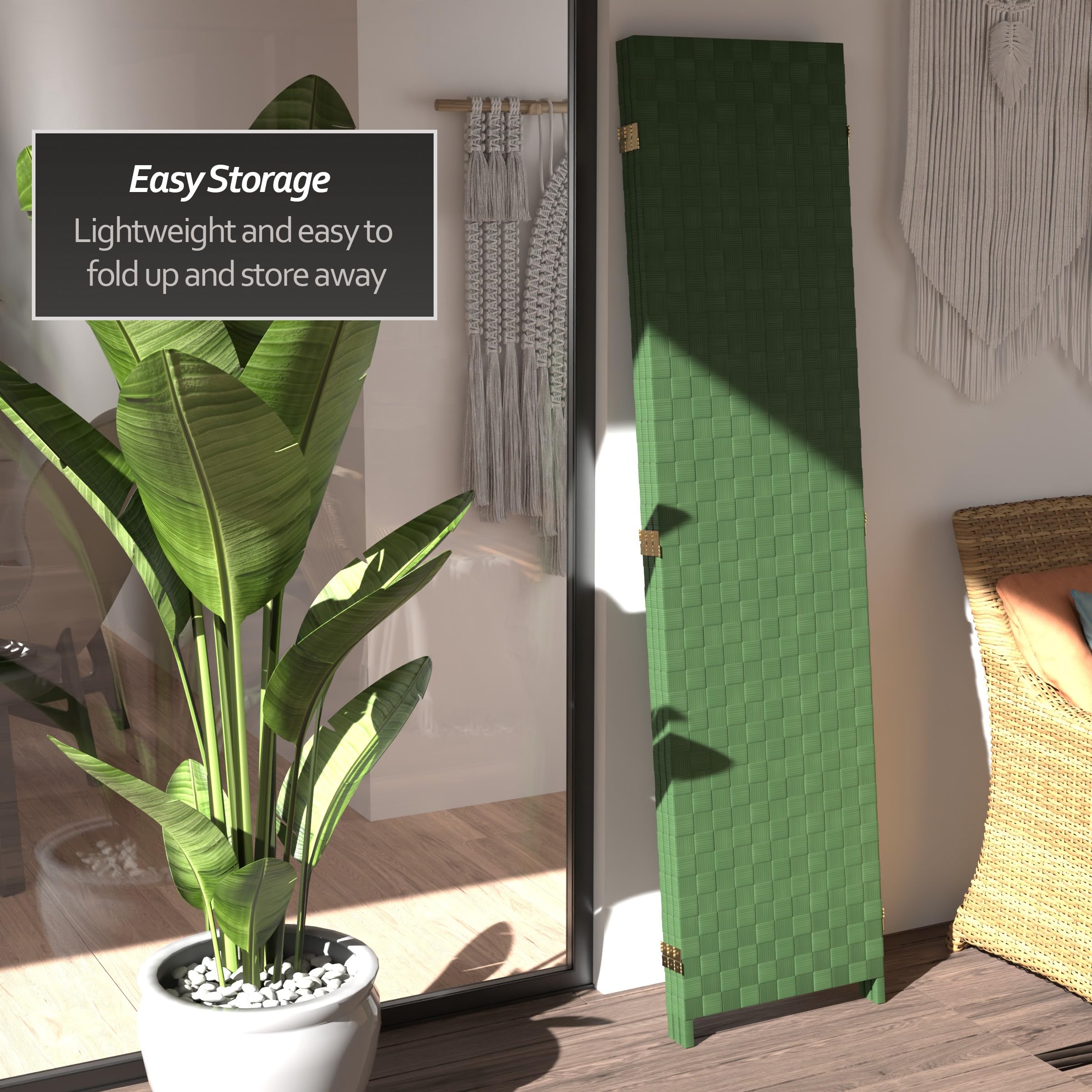 6 ft. Tall Red Lantern Woven Fiber Outdoor All-Weather 3-Panel Room Divider - Green Privacy Screen for Patio, Garden, or Balcony