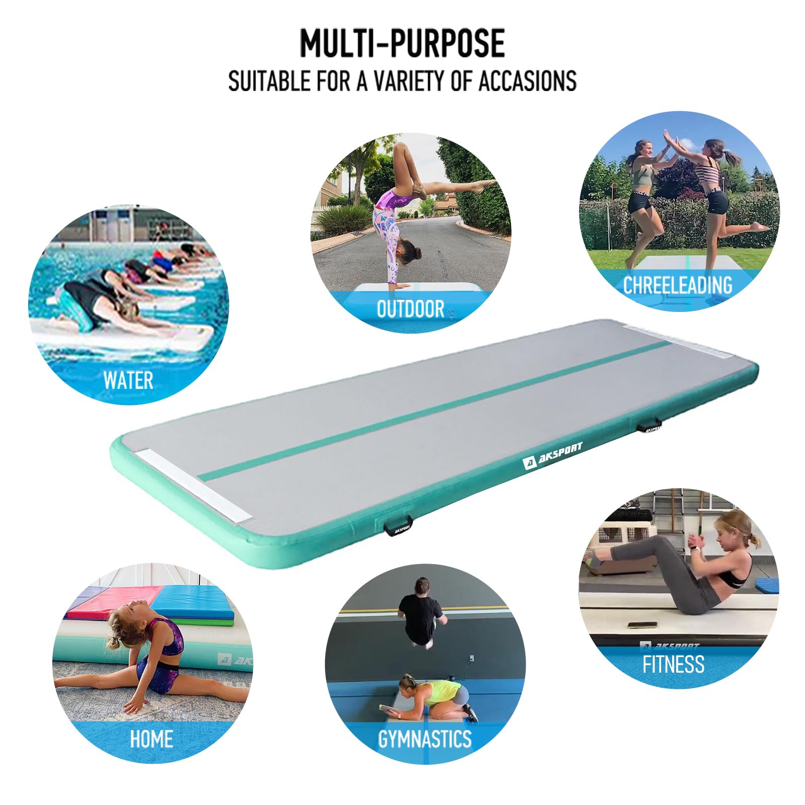 AKSPORT Inflatable Gymnastics Air Mat - Portable Tumble Track for Home, Gym, Training | Cheerleading, Parkour, Beach & Water Use | Includes Air Pump for Easy Setup