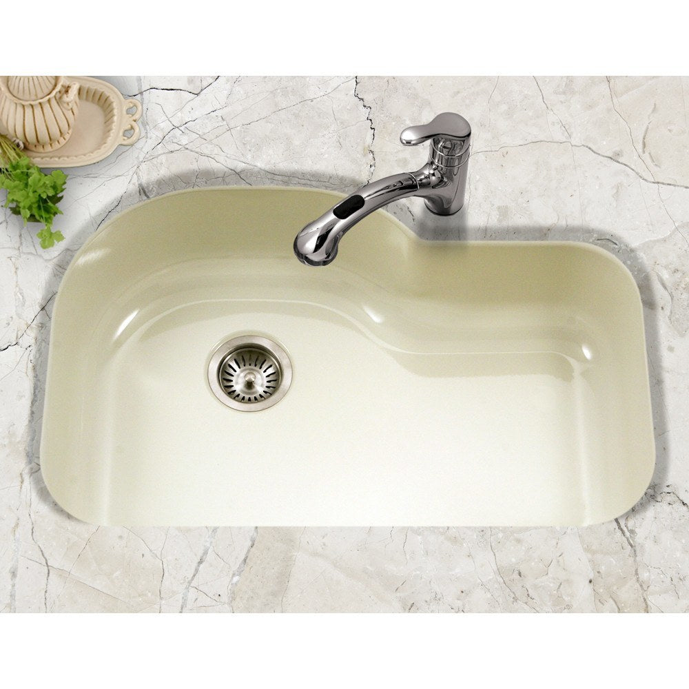 Houzer PCH 3700 Porcelain Enamel Steel Undermount Offset Single Bowl Kitchen Sink - Durable & Stylish for Modern Kitchens, Perfect for Cooking & Cleaning