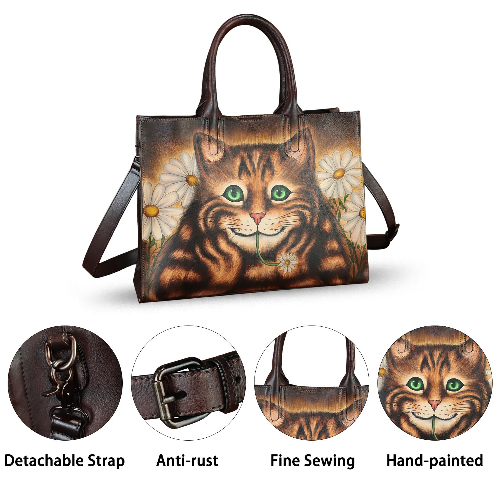 Genuine Leather Handbag for Women - Hand Painted Top Handle Crossbody Purse - Handmade Work Tote Bag - Perfect for Office, Travel & Everyday Use