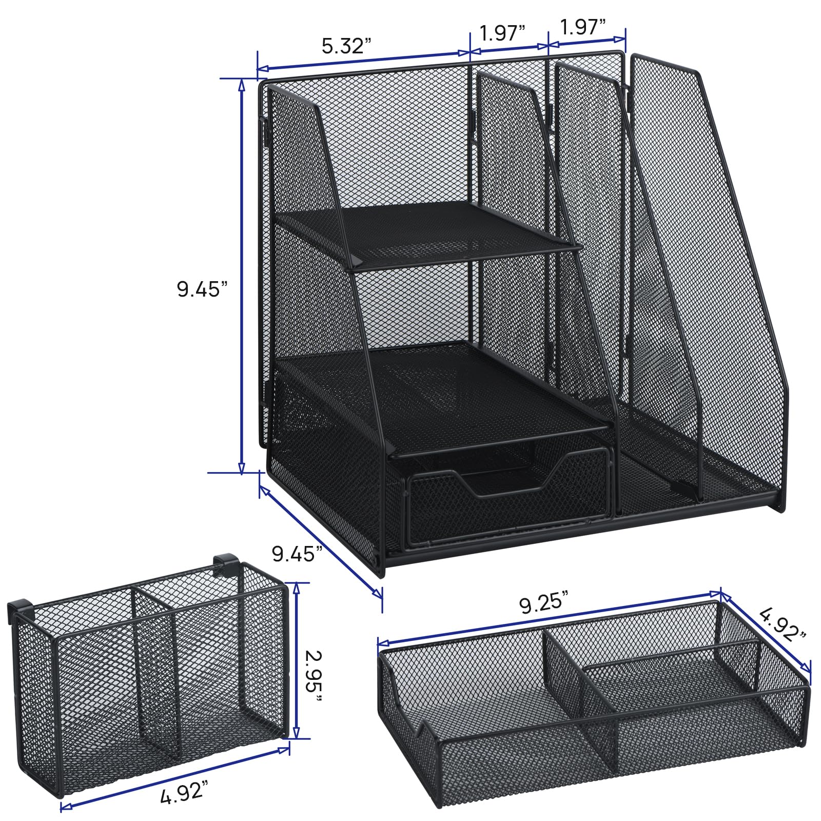 2-Tier Mesh Desk Organizer with Drawer, Letter Tray & Pen Holders - Office Supplies Storage for Files, Magazines & Stationery - Perfect for Home Office & Workspace Organization
