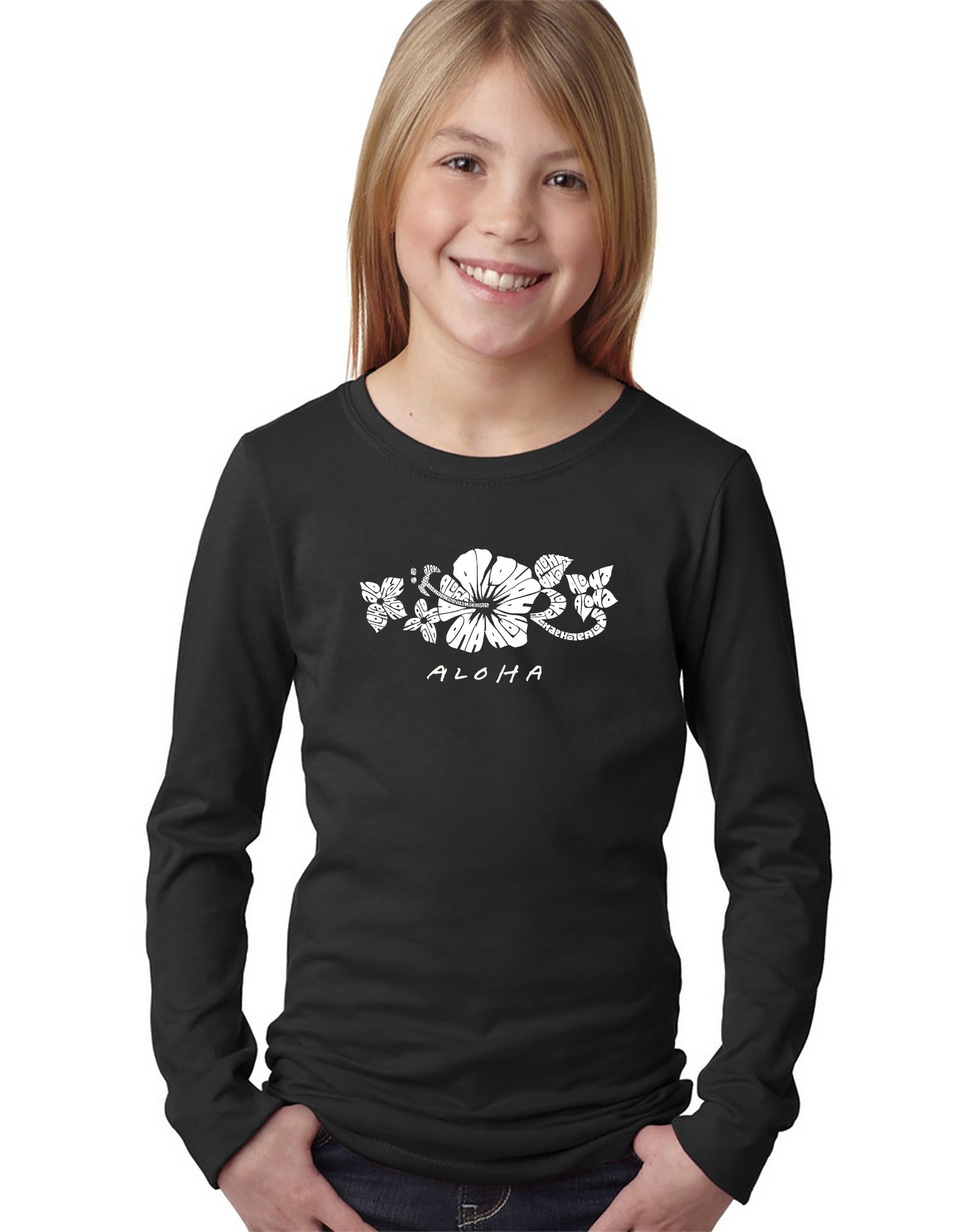 LA POP ART Girls Long Sleeve Graphic T-Shirt with Aloha Print - Cute Casual Top for School, Beach & Everyday Wear