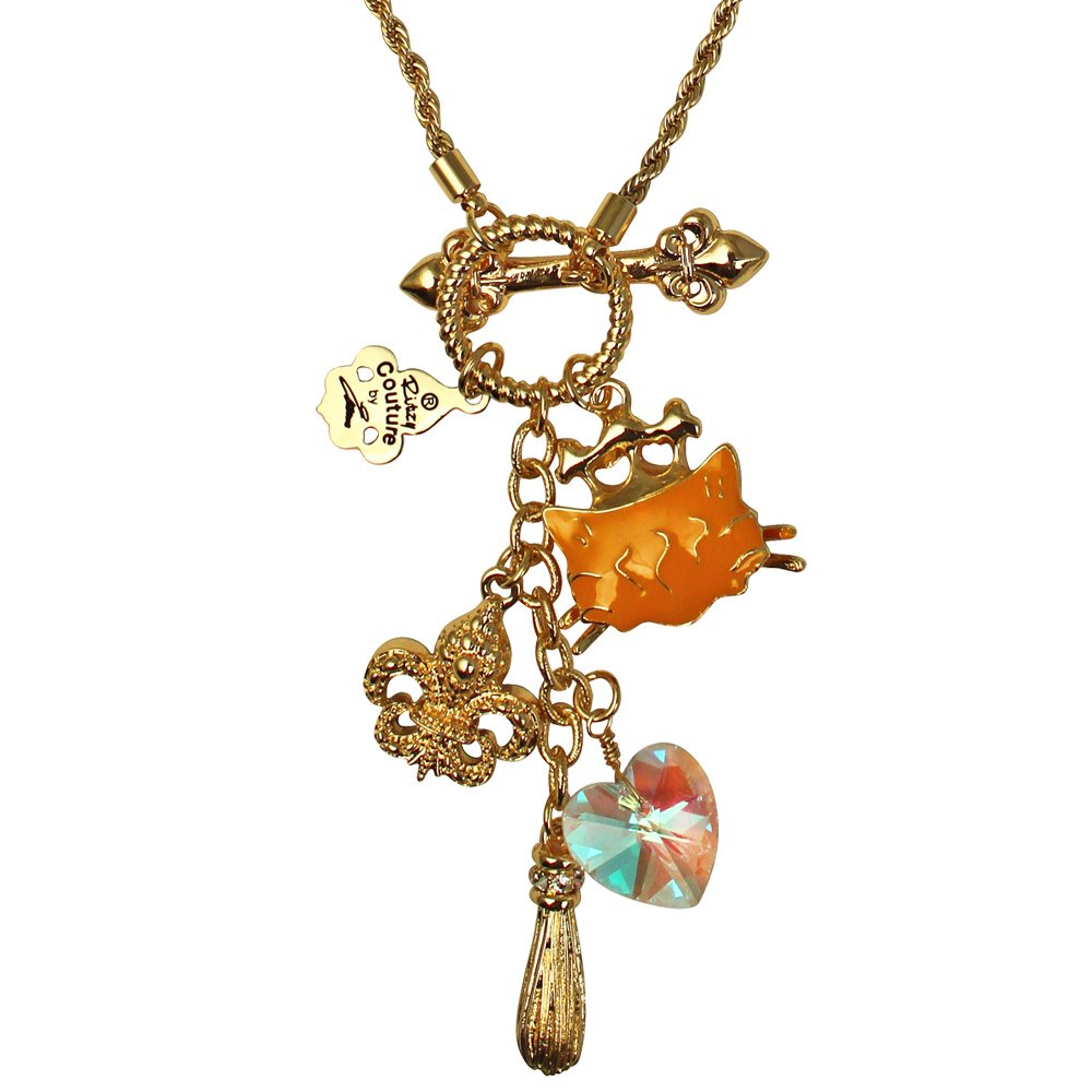Princess Cat Multi Charm Toggle Necklace (Tabby/Gold Tone) - Elegant Cat Lover Jewelry for Women, Perfect Gift for Birthdays & Anniversaries